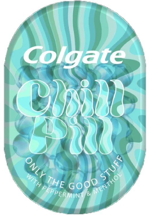 Turquoise Colgate Chill Pill container concept with wavy graphics and white lettering.