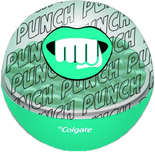 Green Colgate Punch container concept with a fist icon and repeated outlined lettering.