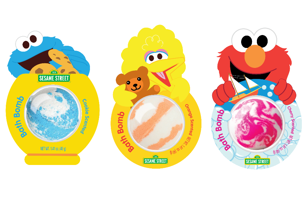 Sesame Street bath bomb packaging featuring Cookie Monster, Big Bird and Elmo