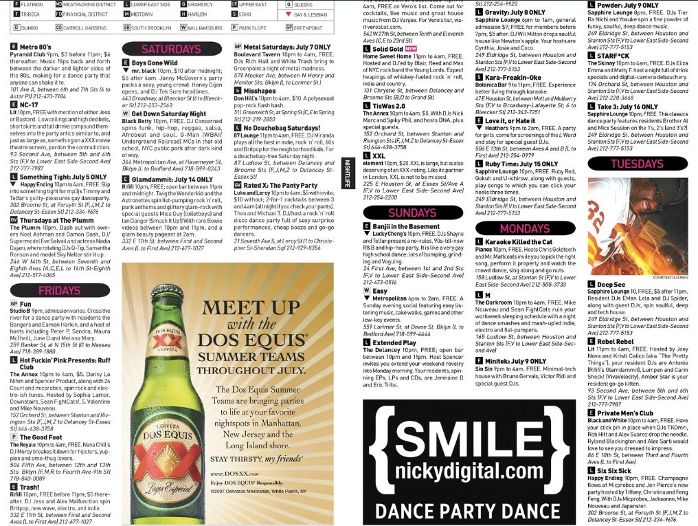 Nightlife listings spread with magenta day headings
