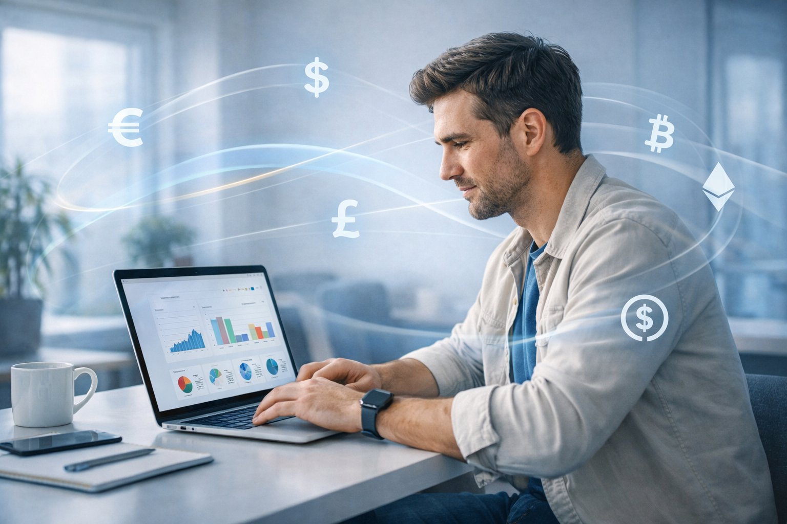 Freelance travaillant sur un ordinateur portable et gérant des paiements internationaux dans plusieurs devises, dans un espace de travail moderne