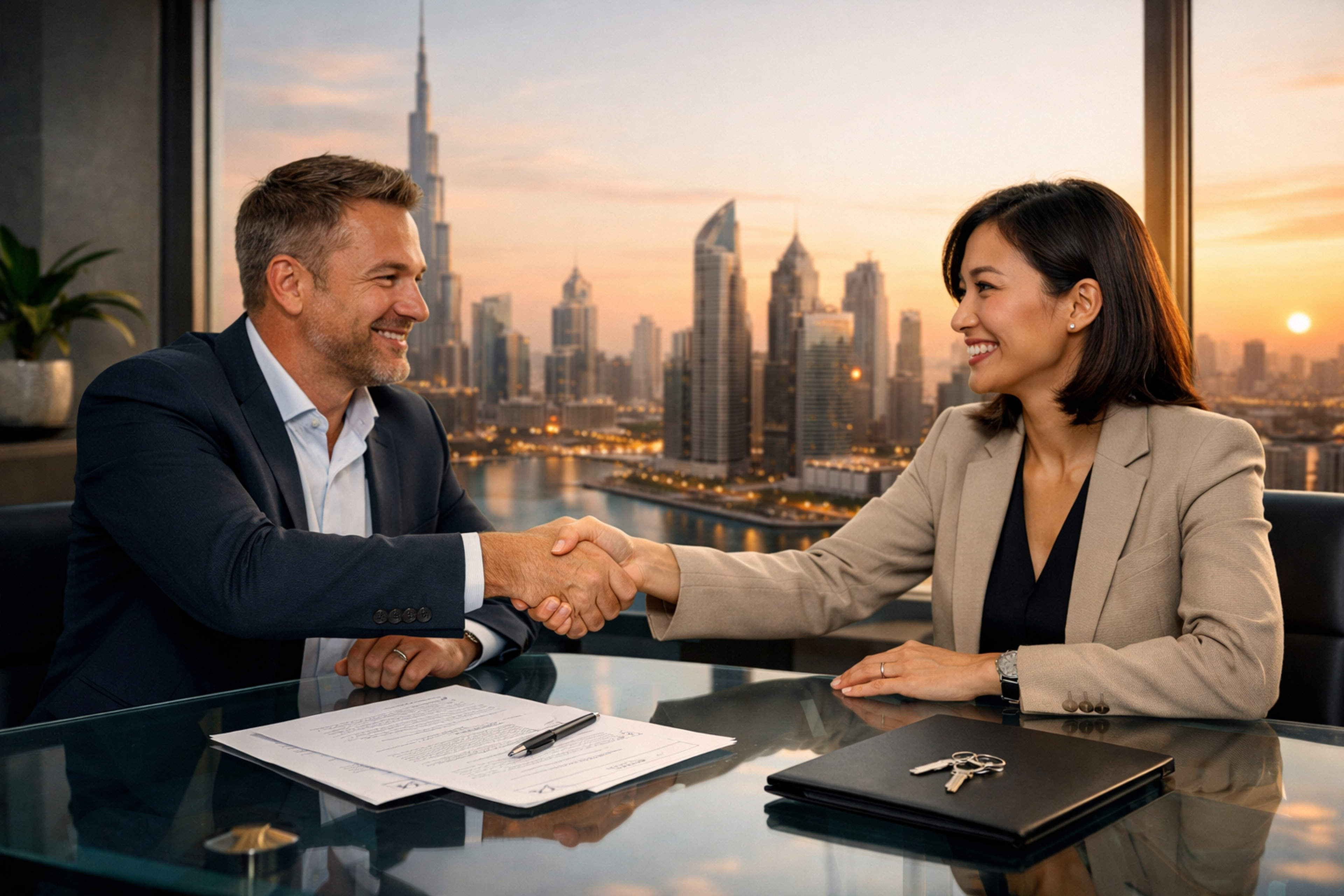 Des investisseurs internationaux se serrant la main après avoir signé un contrat d'achat immobilier à Dubaï, dans un bureau moderne surplombant la skyline