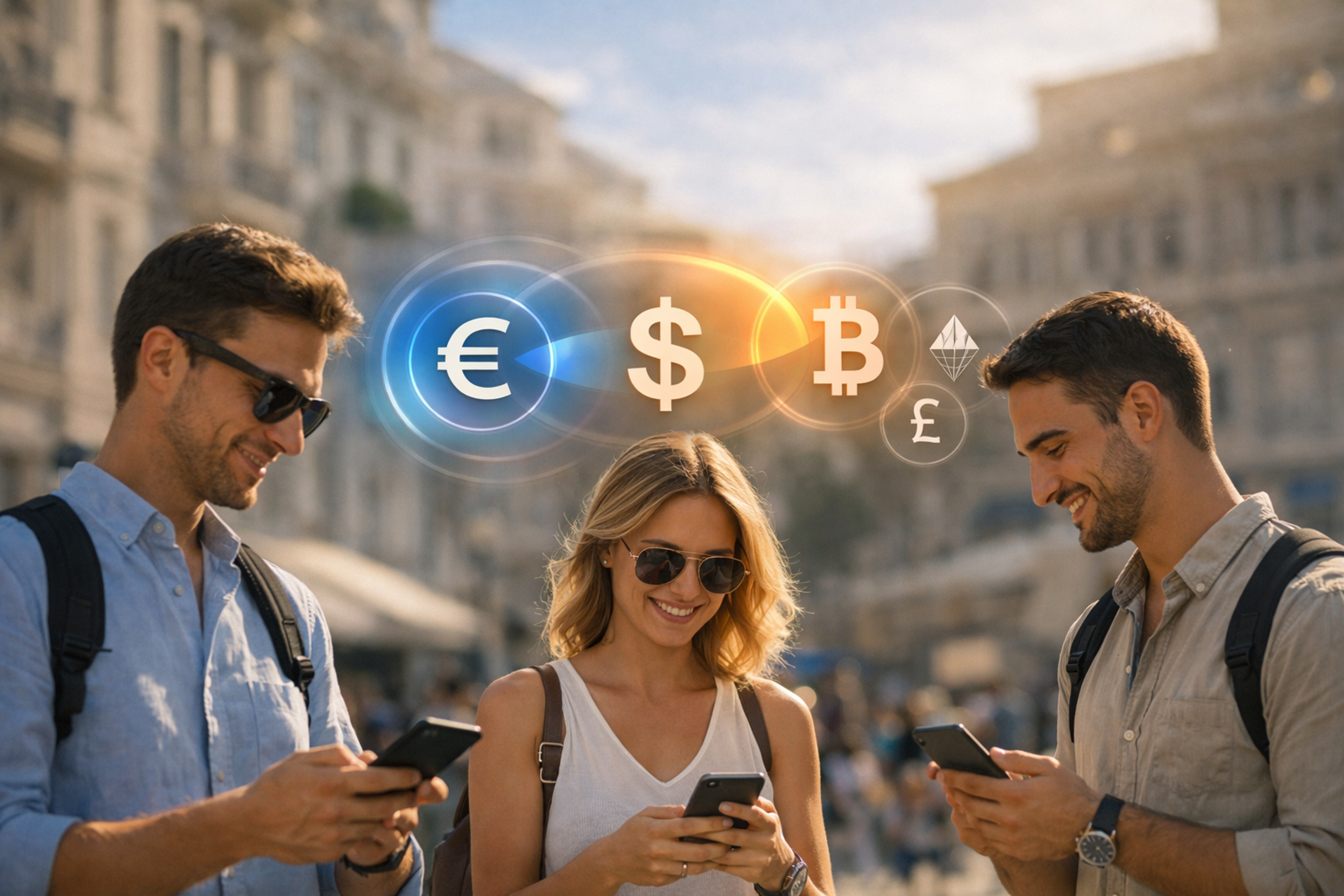 Des voyageurs à Athènes consultant les taux de change sur un smartphone dans un cadre fintech de voyage moderne