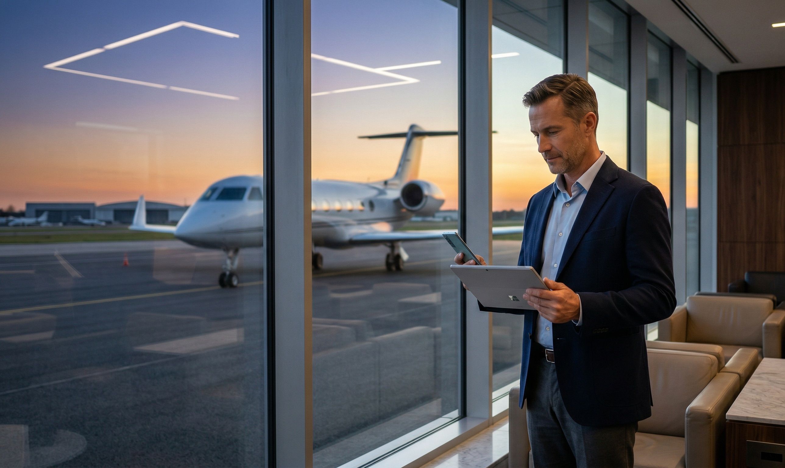 Voyageur international confirmant une réservation de jet privé dans un salon de luxe