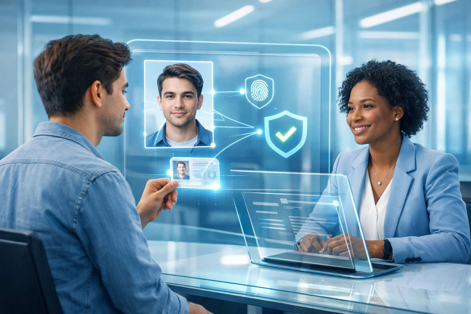Scène réaliste d’intégration fintech avec un utilisateur effectuant une vérification d’identité sur une interface numérique transparente pendant qu’un spécialiste de la conformité examine des documents dans un bureau moderne