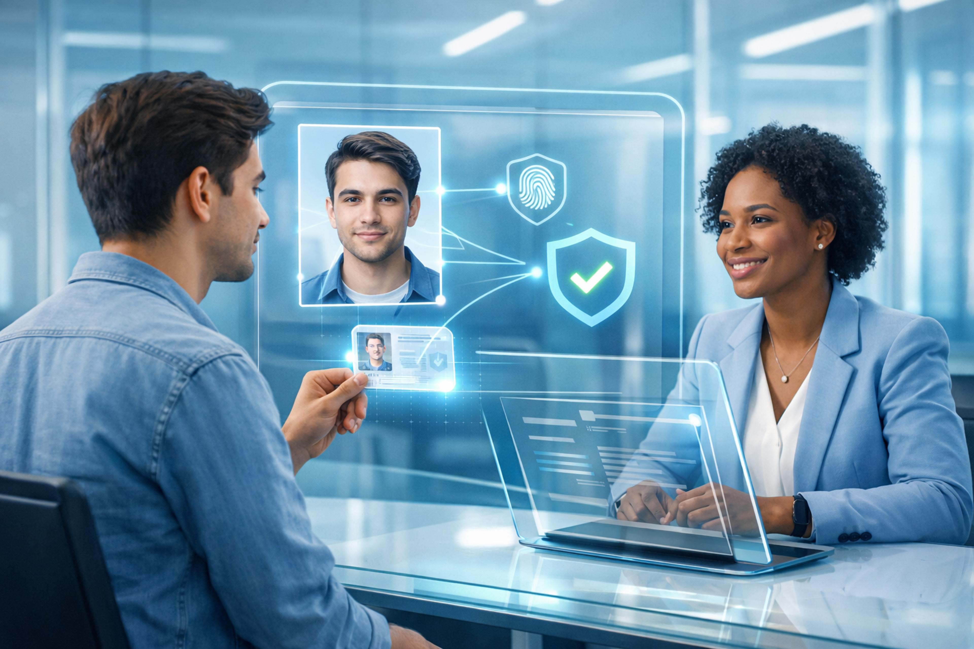 Scène réaliste d’intégration fintech avec un utilisateur effectuant une vérification d’identité sur une interface numérique transparente pendant qu’un spécialiste de la conformité examine des documents dans un bureau moderne