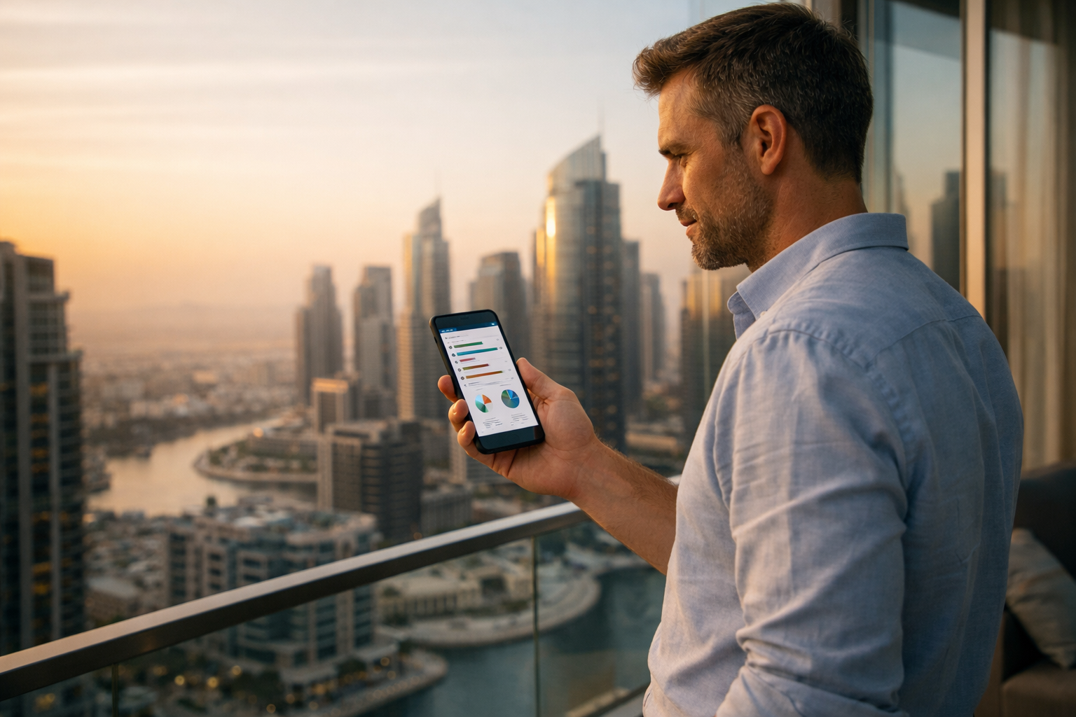 Professionnel expatrié à Dubaï contemplant les gratte-ciel tout en gérant ses finances sur son smartphone