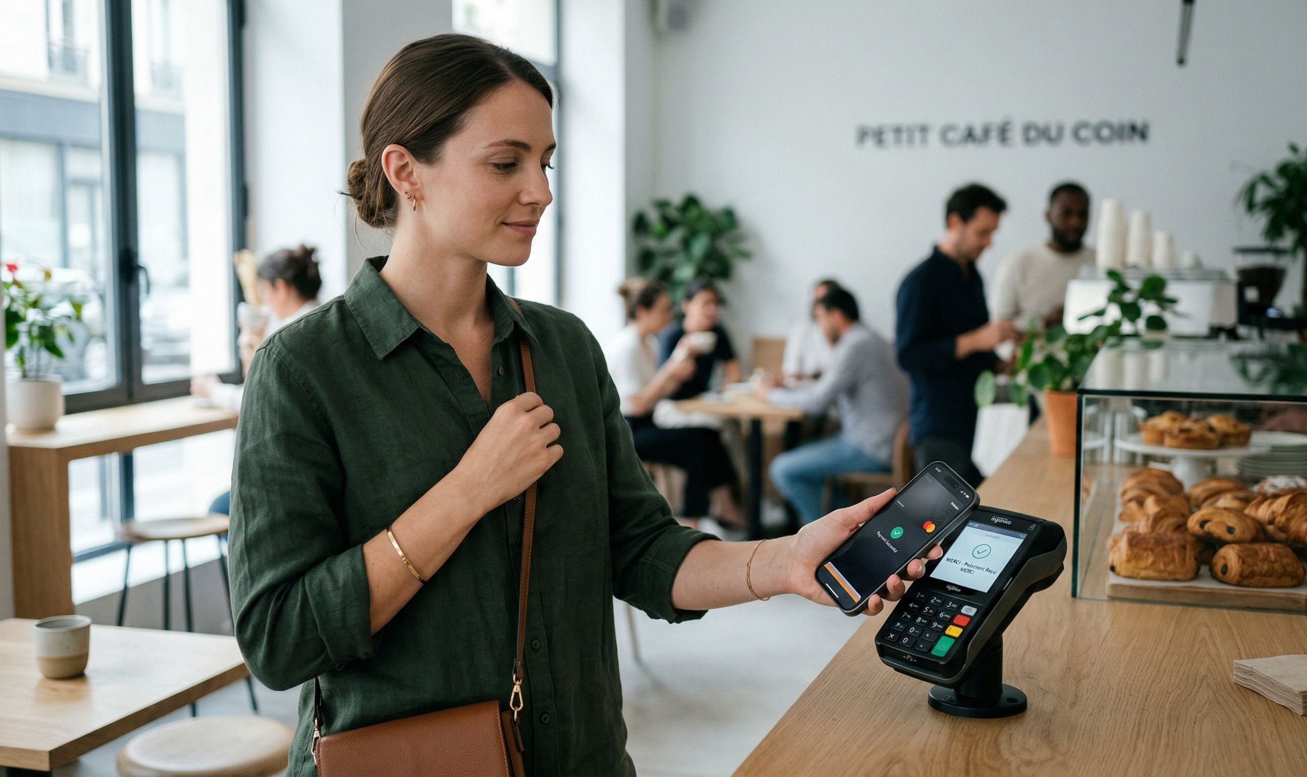 Personne effectuant un paiement sans contact avec un smartphone grâce à une carte virtuelle dans un commerce moderne