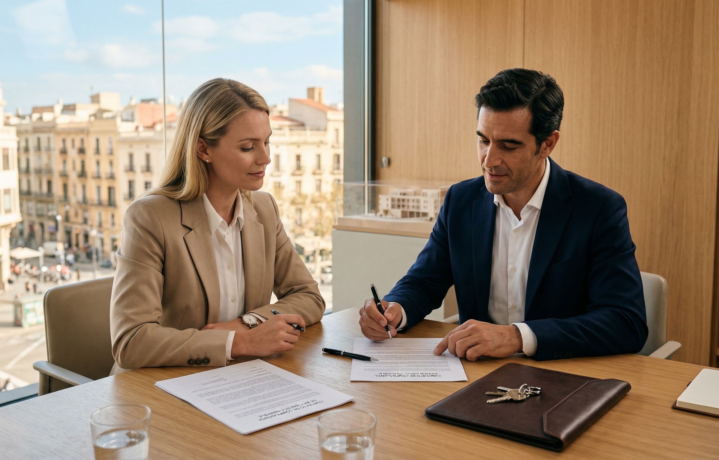Acheteur international préparant les documents pour l'achat d'un bien immobilier en Espagne