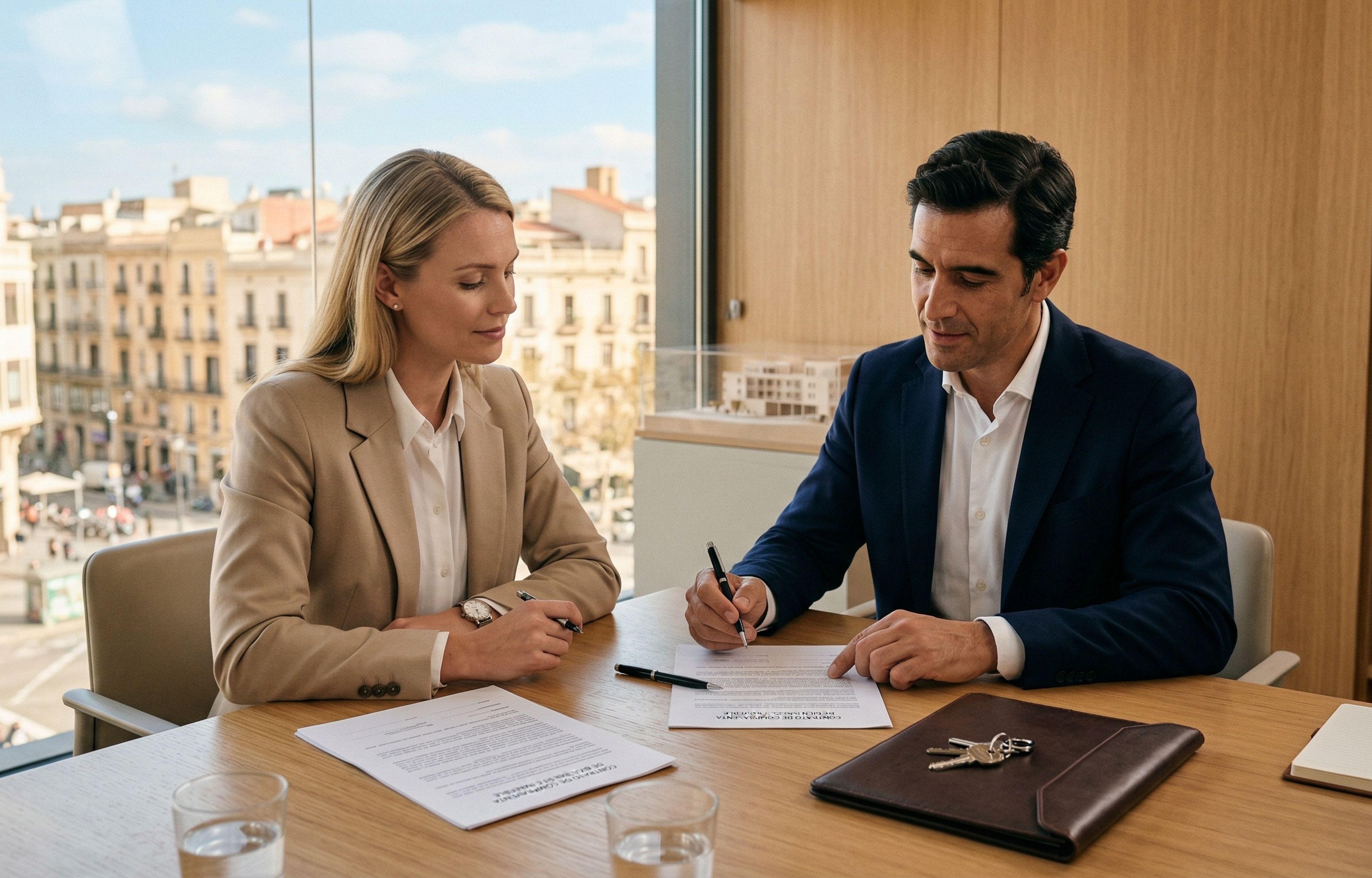 Acheteur international préparant les documents pour l'achat d'un bien immobilier en Espagne
