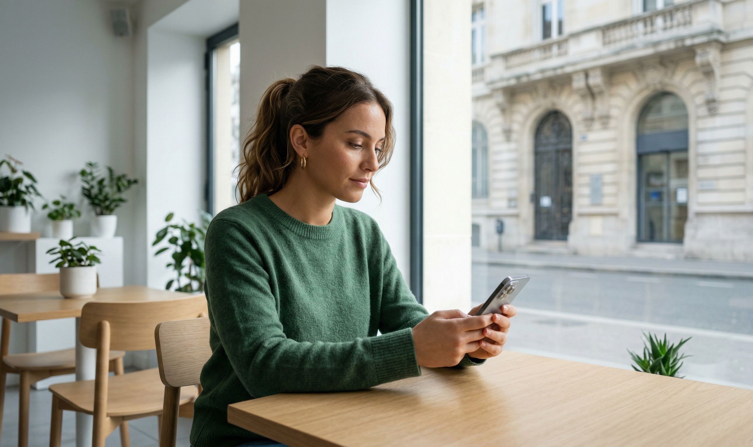 Personne gérant ses comptes bancaires sur un smartphone avec un bâtiment de banque traditionnelle en arrière-plan