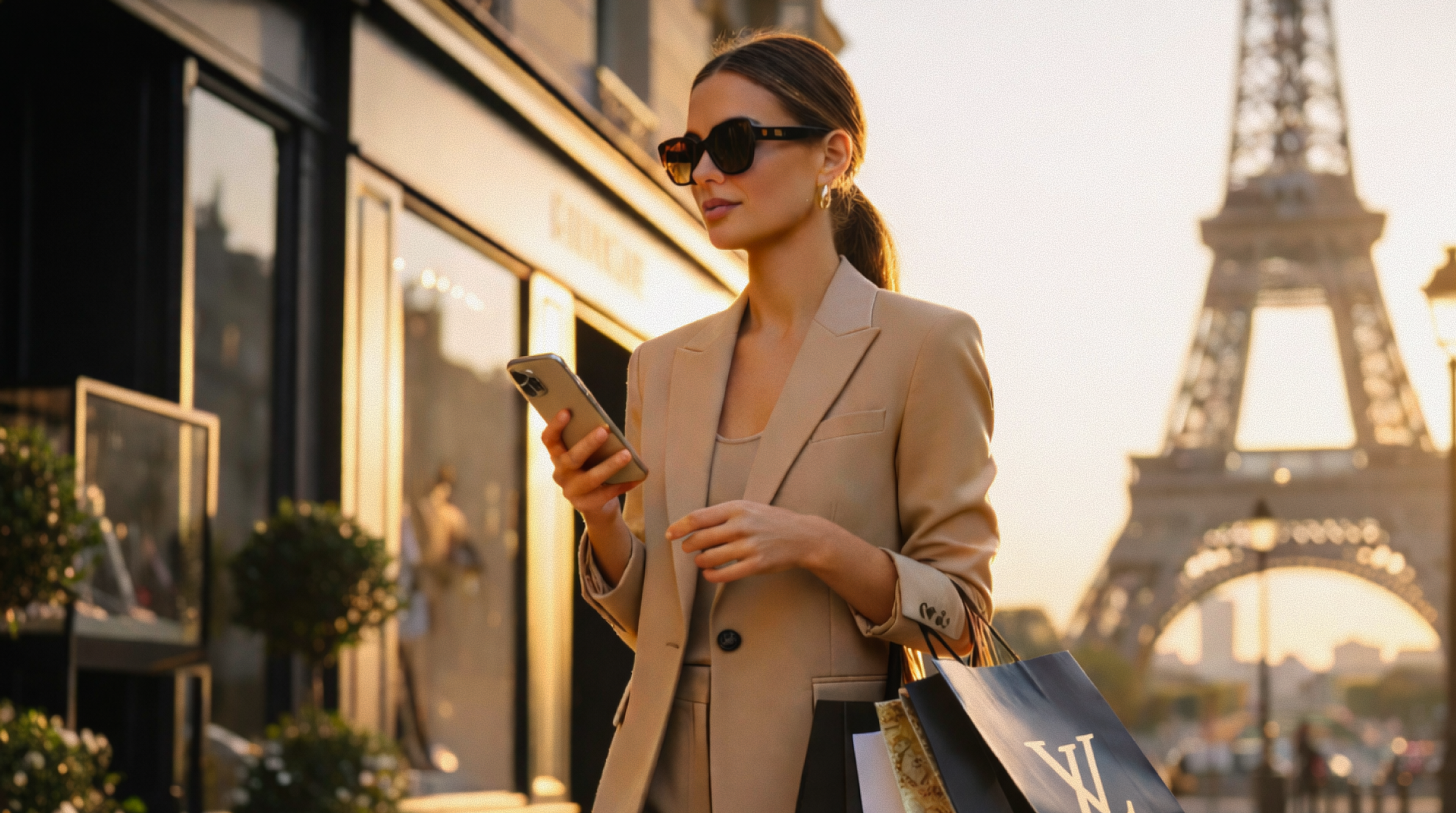 Femme avec des sacs de shopping de créateurs profitant du shopping de luxe dans une grande ville de la mode