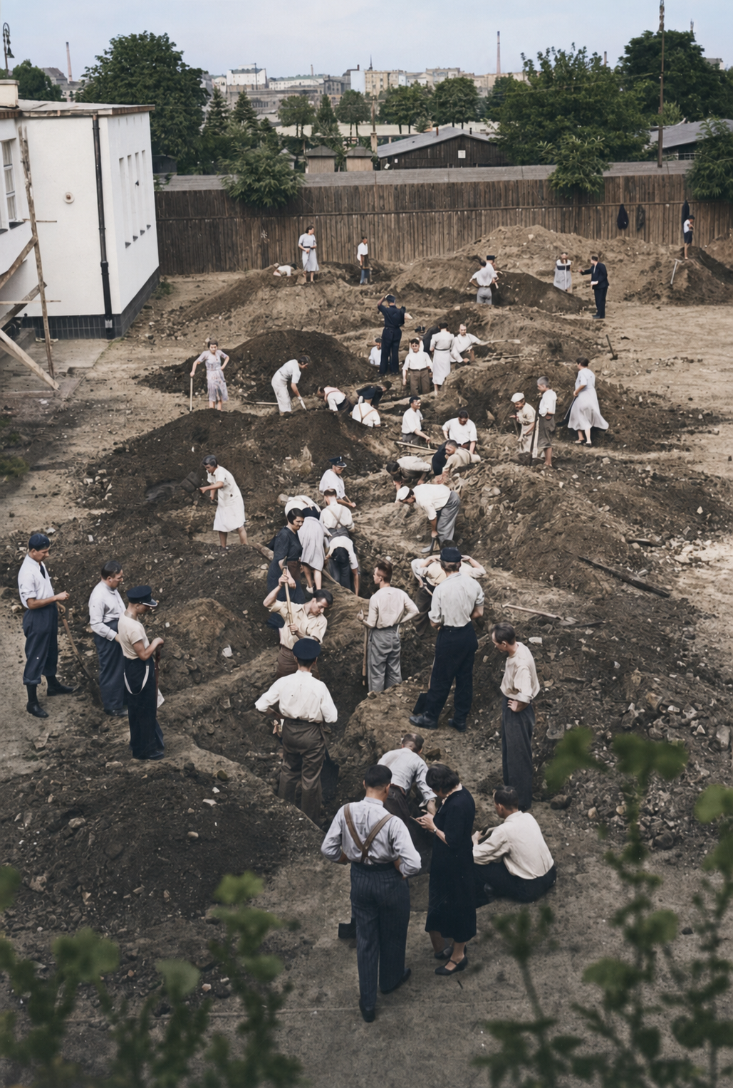 Officials and uniformed State Police digging anti-aircraft trenches in a school courtyard in Warsaw, photographed in August 1939.
