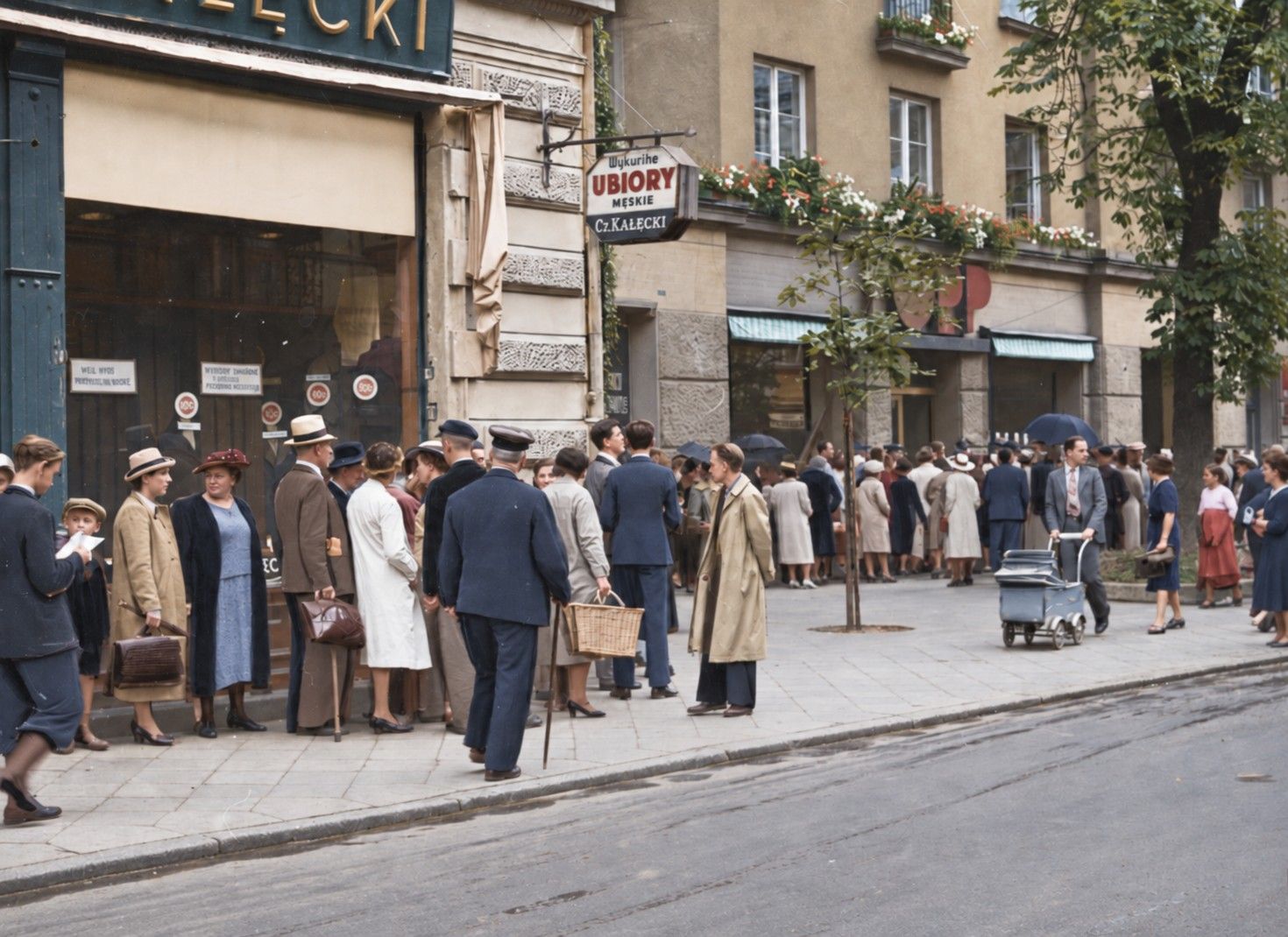 Men and women queue along a Warsaw pavement outside a clothing shop, carrying bags and baskets.