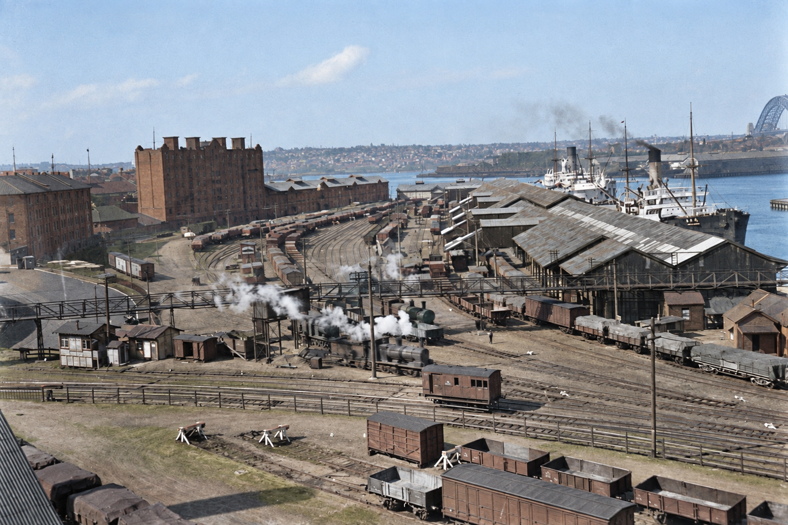 Elevated view over Darling Harbour goods yards, with railway tracks, sheds, locomotives and ships moored at the wharves.
