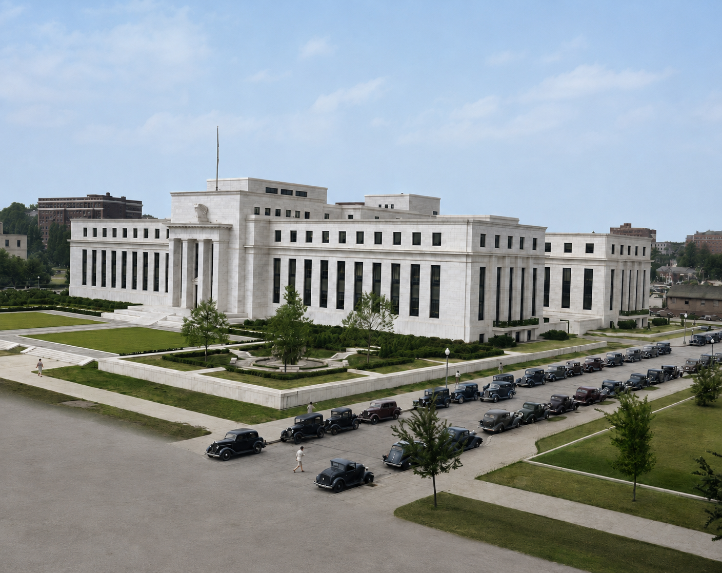 The white marble Federal Reserve Board Building in Washington, photographed from across an open space in about 1937.