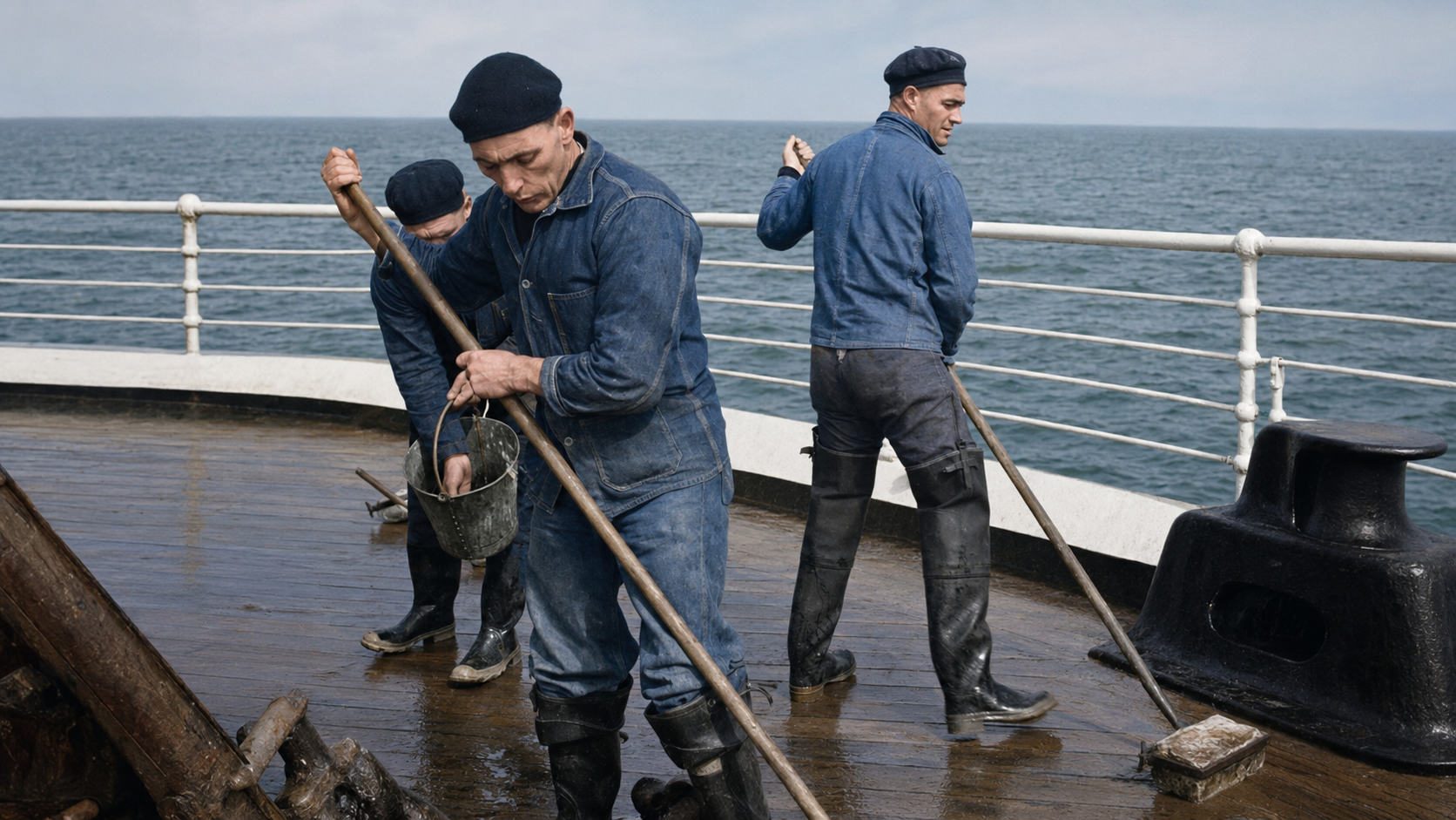 Three seamen in work clothes sand the wet deck of Athenia, with open sea beyond the rail.