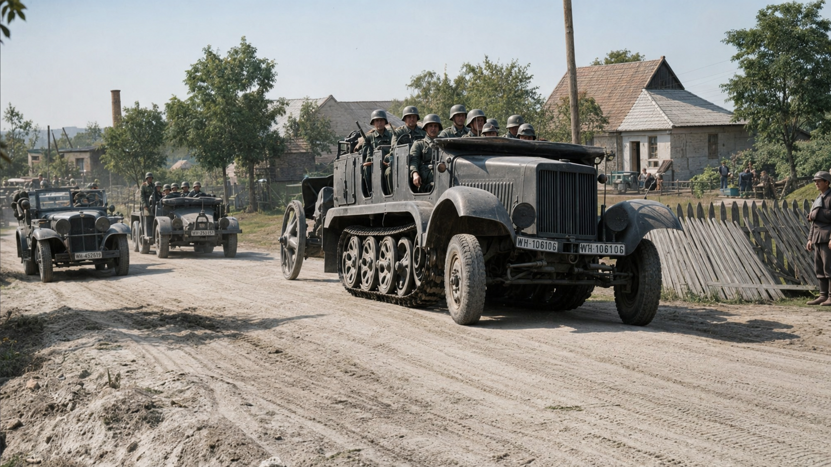 German troops ride a half-track in a motorised column passing through a Polish village.