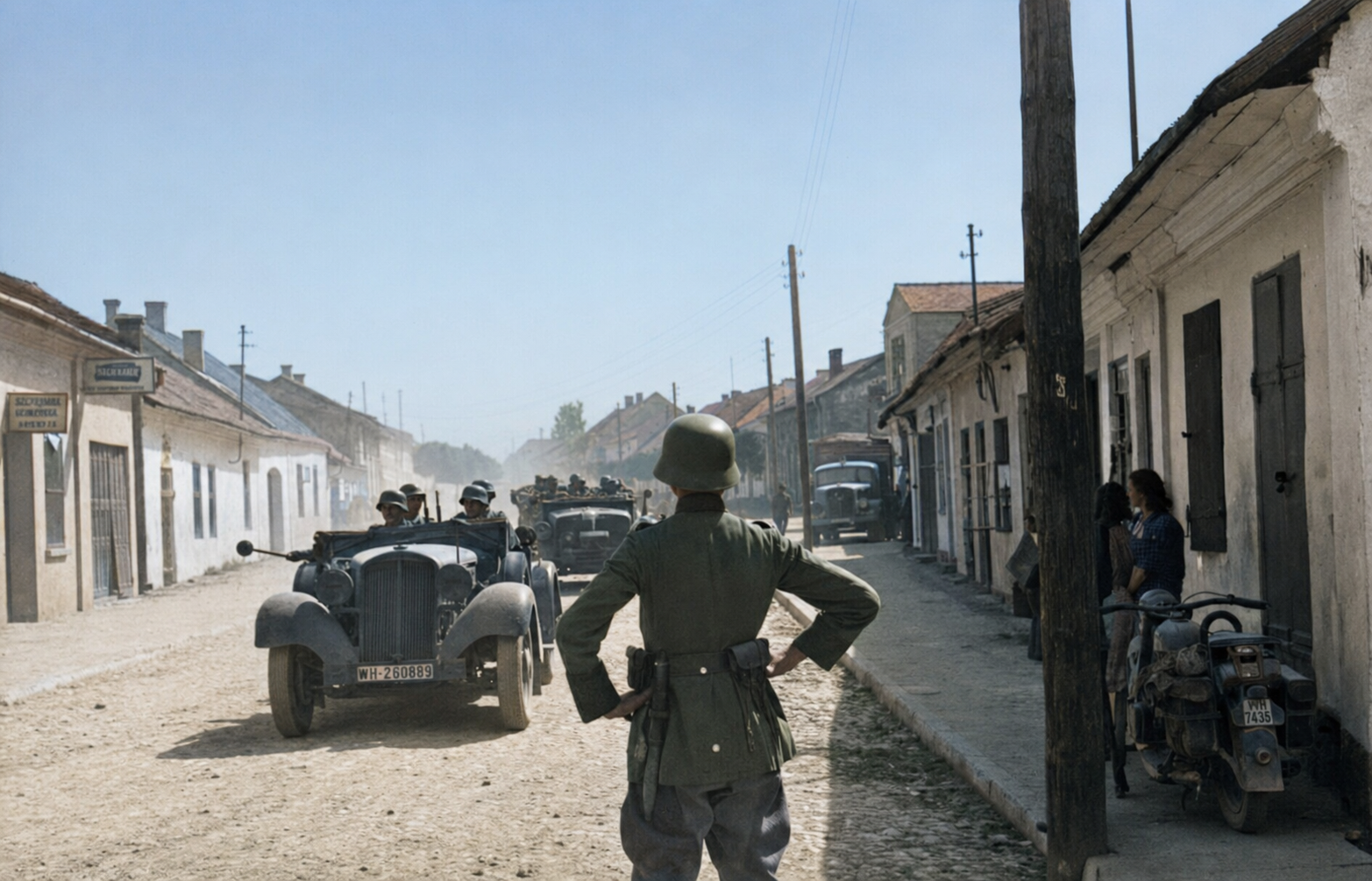 A German soldier directs a column of open military cars along the main street of a small Polish town, dust rising behind the vehicles.