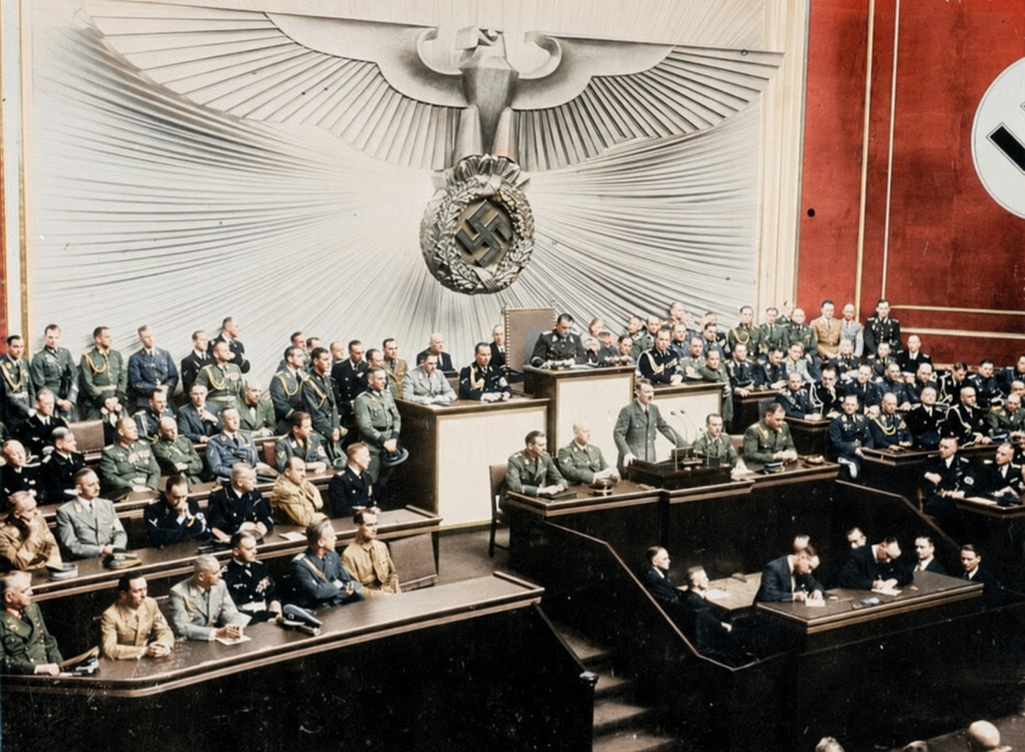 A wide view of a speaker at a lectern addressing a chamber of uniformed and civilian members beneath large emblems.
