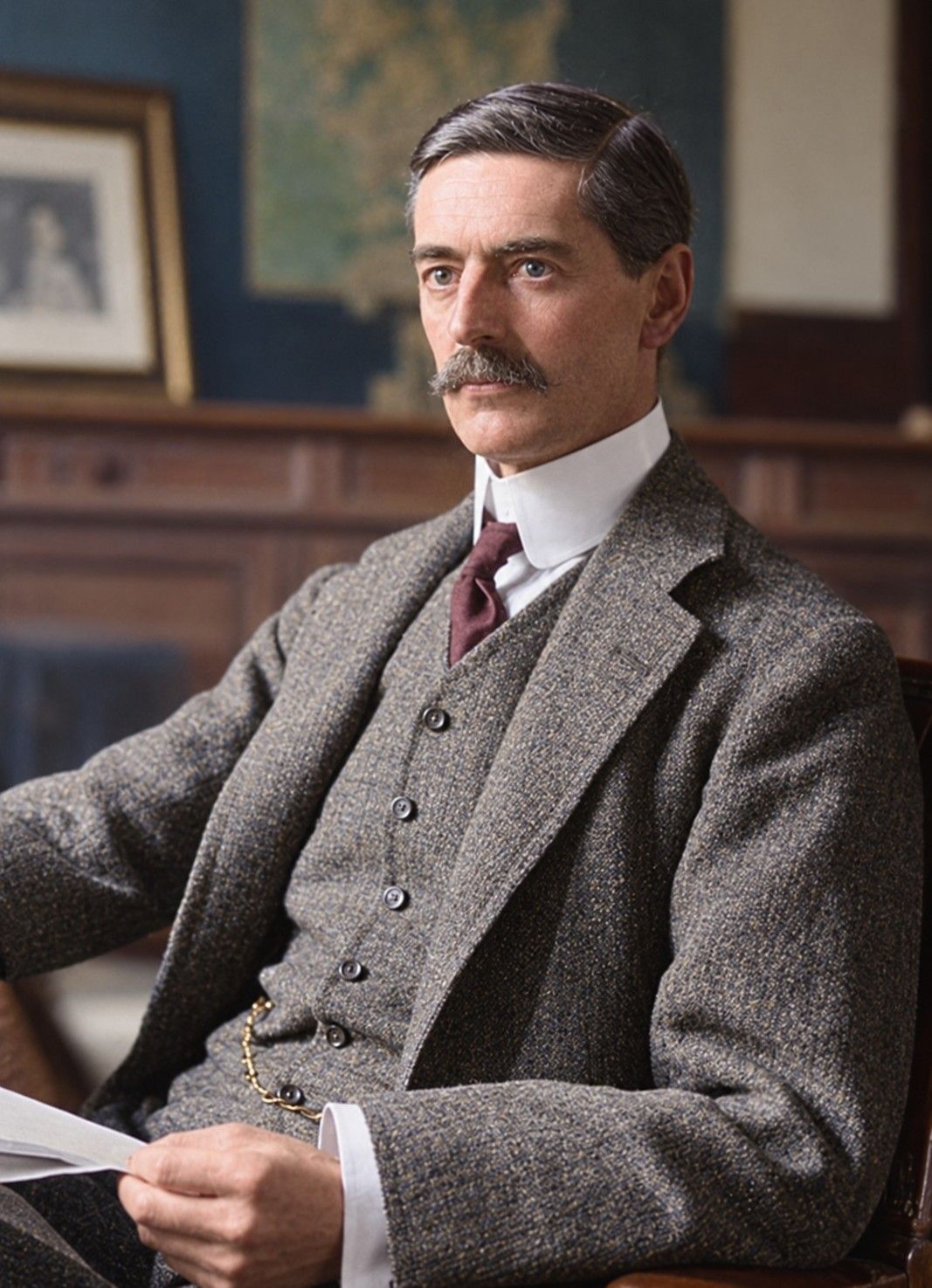 Neville Chamberlain in a dark suit and wing collar, looking towards the camera, in a studio portrait.