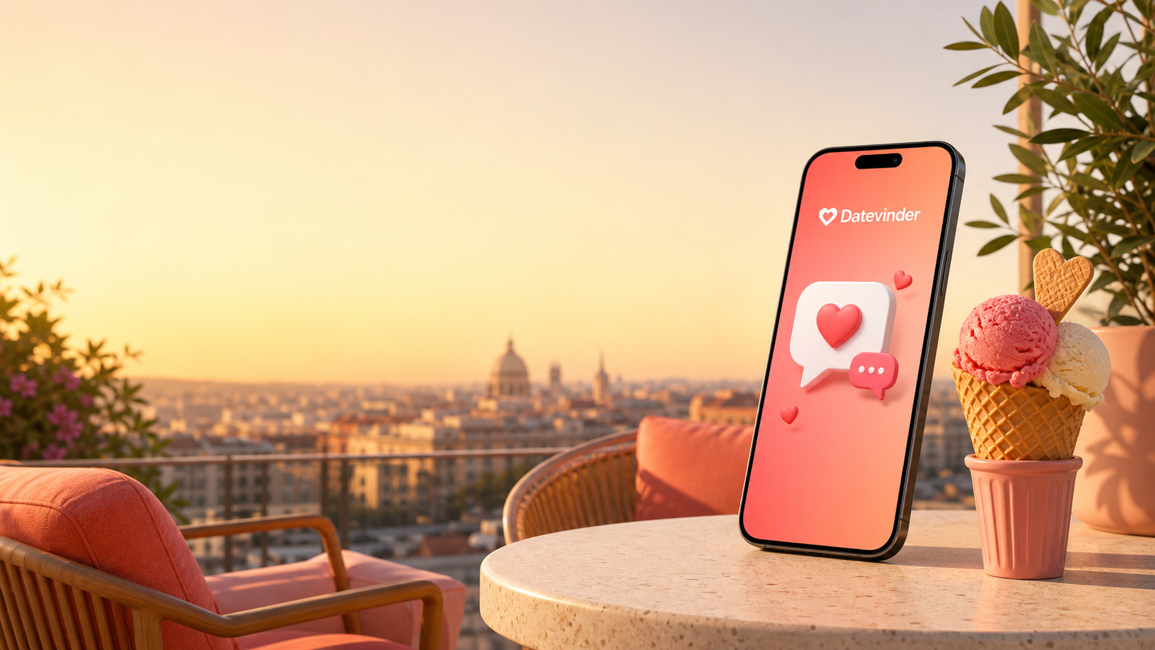 Hier is een passende alt-tekst:  “Minimalistische 3D-illustratie van een smartphone op een zonnig terras met een chatwolk vol hartjes en een ijsje, die de zomerse datingvibe van Datevinder uitbeeldt.”  Korte SEO-variant: