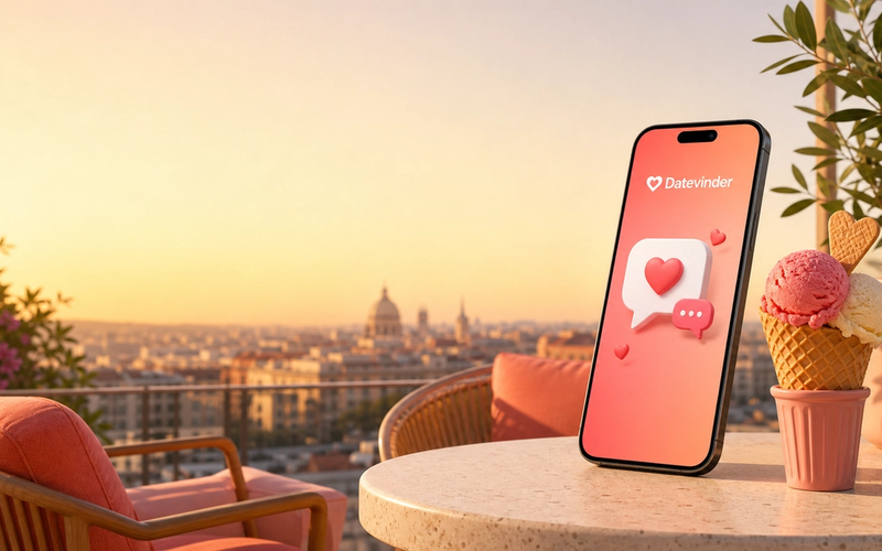 Hier is een passende alt-tekst: “Minimalistische 3D-illustratie van een smartphone op een zonnig terras met een chatwolk vol hartjes en een ijsje, die de zomerse datingvibe van Datevinder uitbeeldt.” Korte SEO-variant: