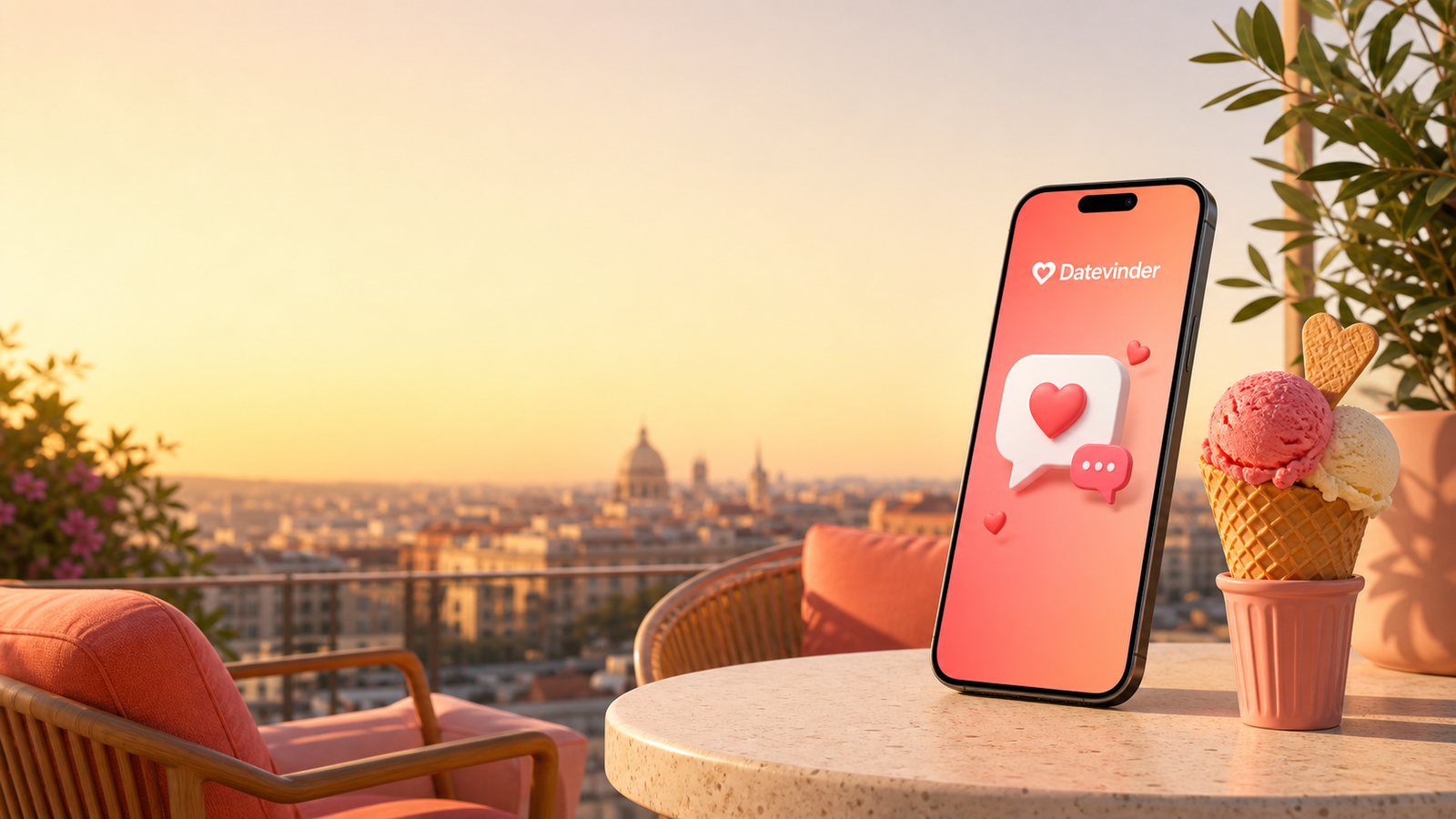 Hier is een passende alt-tekst: “Minimalistische 3D-illustratie van een smartphone op een zonnig terras met een chatwolk vol hartjes en een ijsje, die de zomerse datingvibe van Datevinder uitbeeldt.” Korte SEO-variant: