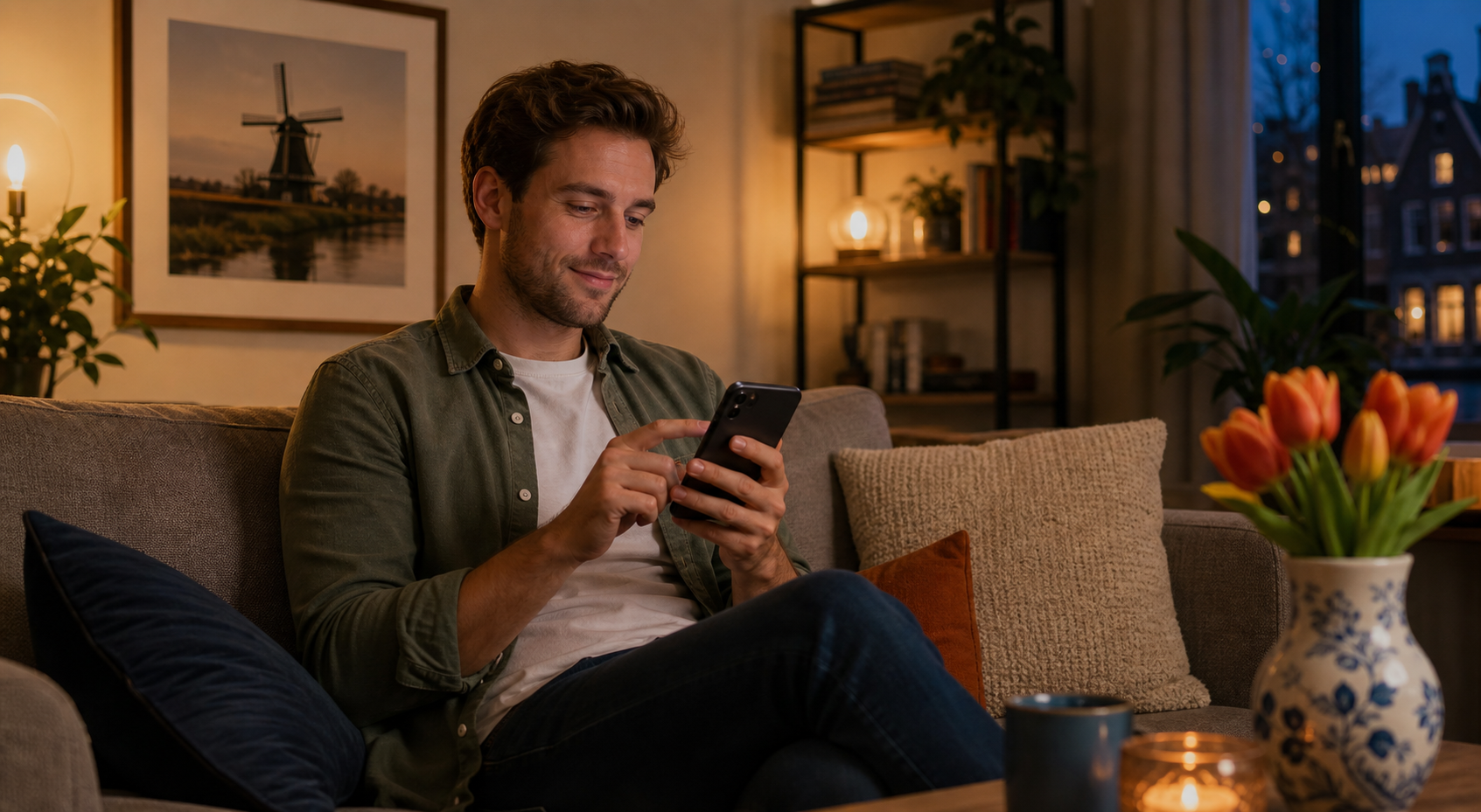 Persoon bewerkt een datingprofiel op smartphone in een moderne woonkamer met warme, vriendelijke sfeer.