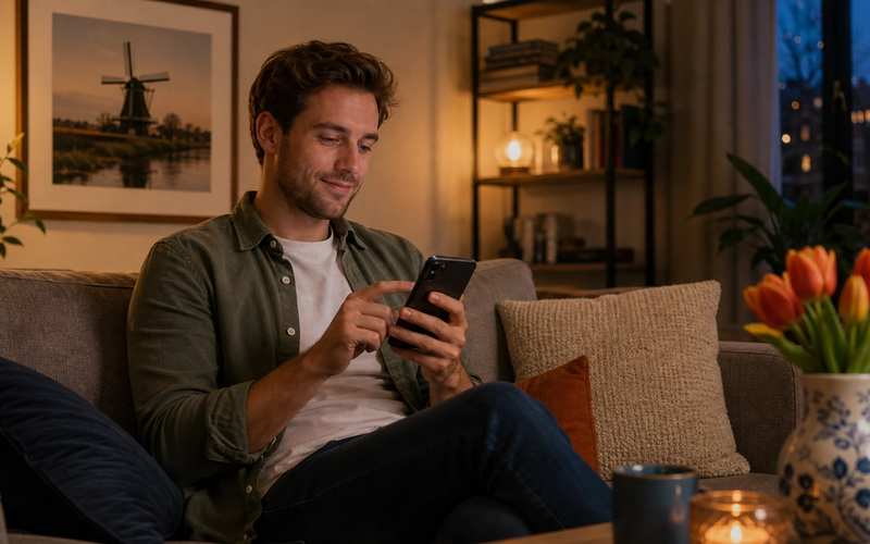 Persoon bewerkt een datingprofiel op smartphone in een moderne woonkamer met warme, vriendelijke sfeer.