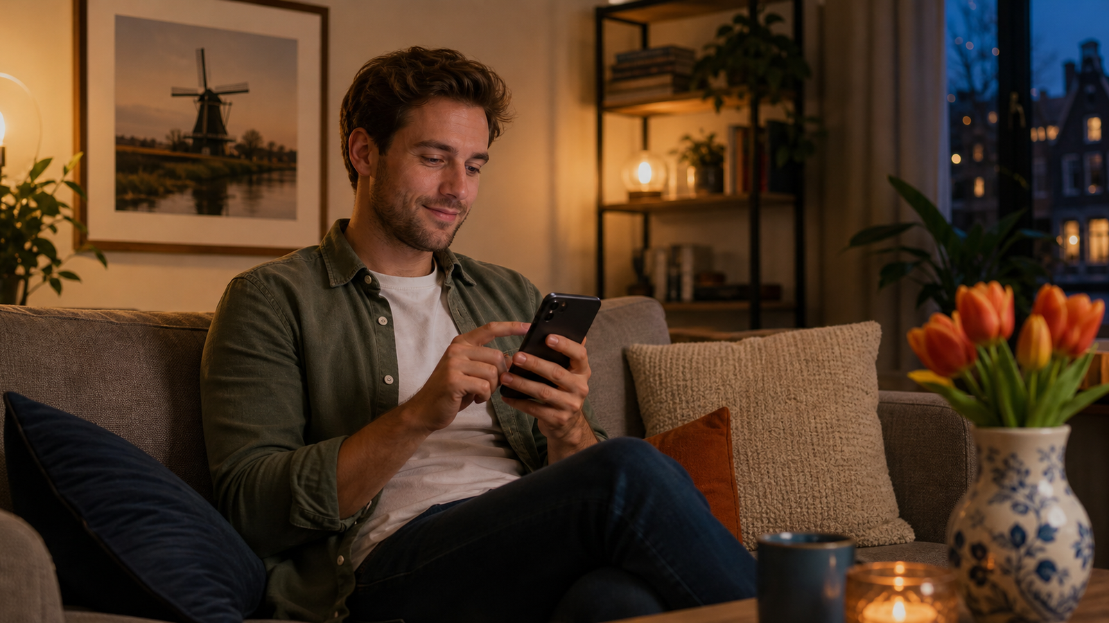 Persoon bewerkt een datingprofiel op smartphone in een moderne woonkamer met warme, vriendelijke sfeer.