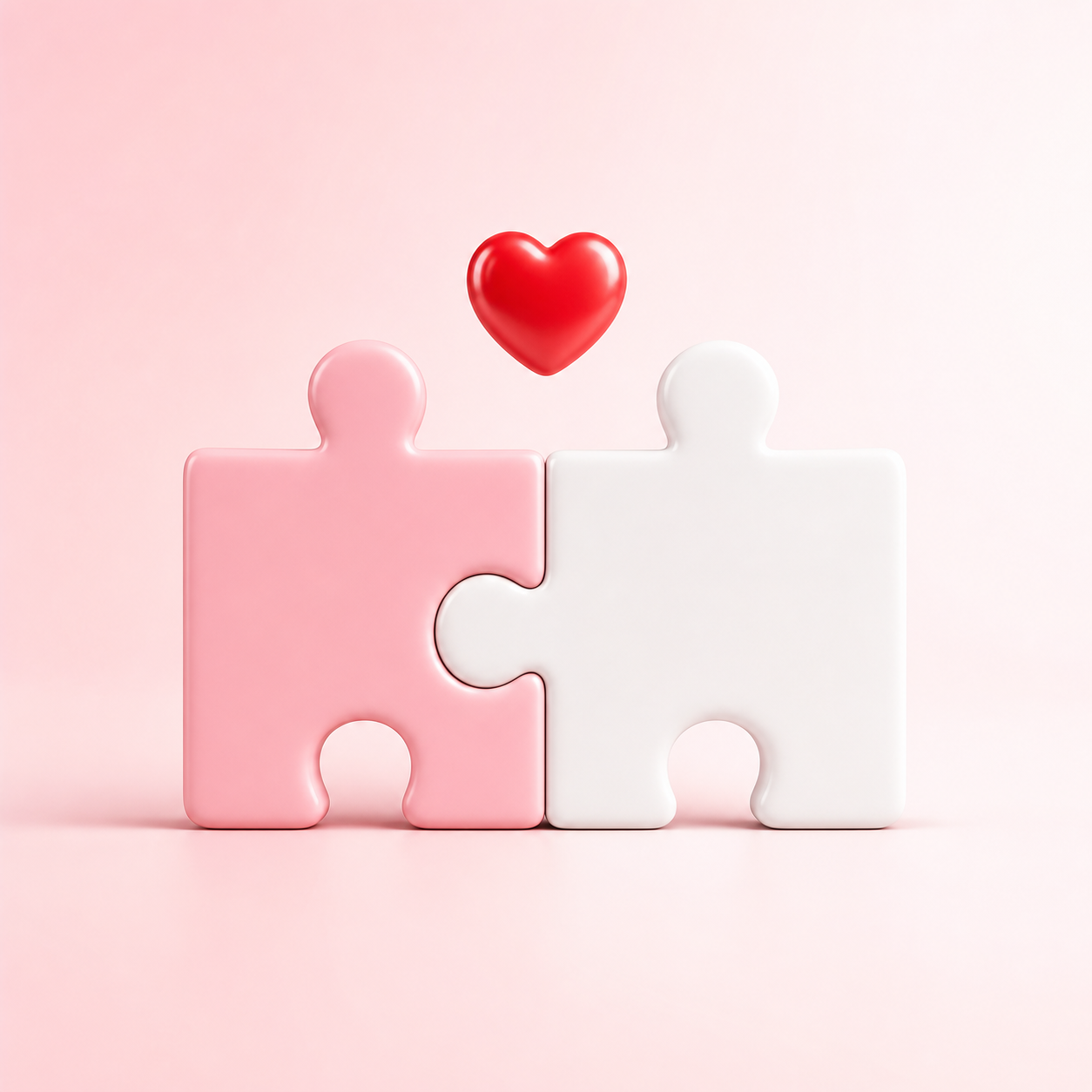 Twee puzzelstukjes in roze en wit die perfect in elkaar passen, met een rood hartje erboven – symbool voor de perfecte match op Datevinder.nl.