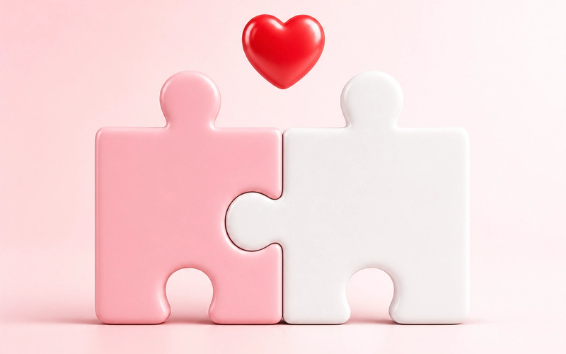 Twee puzzelstukjes in roze en wit die perfect in elkaar passen, met een rood hartje erboven – symbool voor de perfecte match op Datevinder.nl.