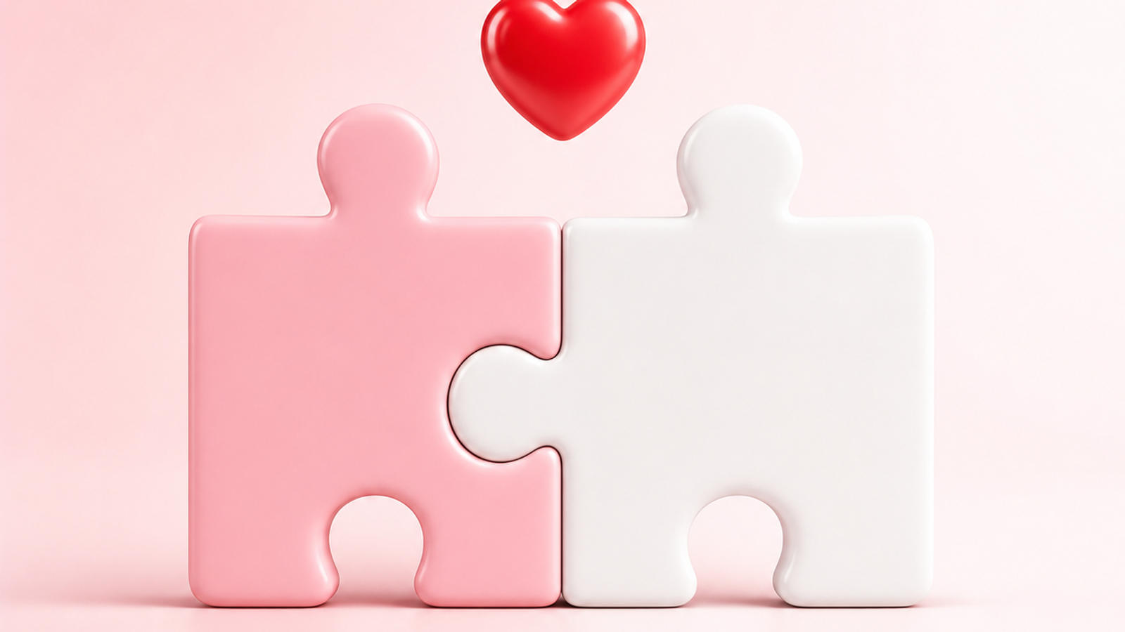 Twee puzzelstukjes in roze en wit die perfect in elkaar passen, met een rood hartje erboven – symbool voor de perfecte match op Datevinder.nl.