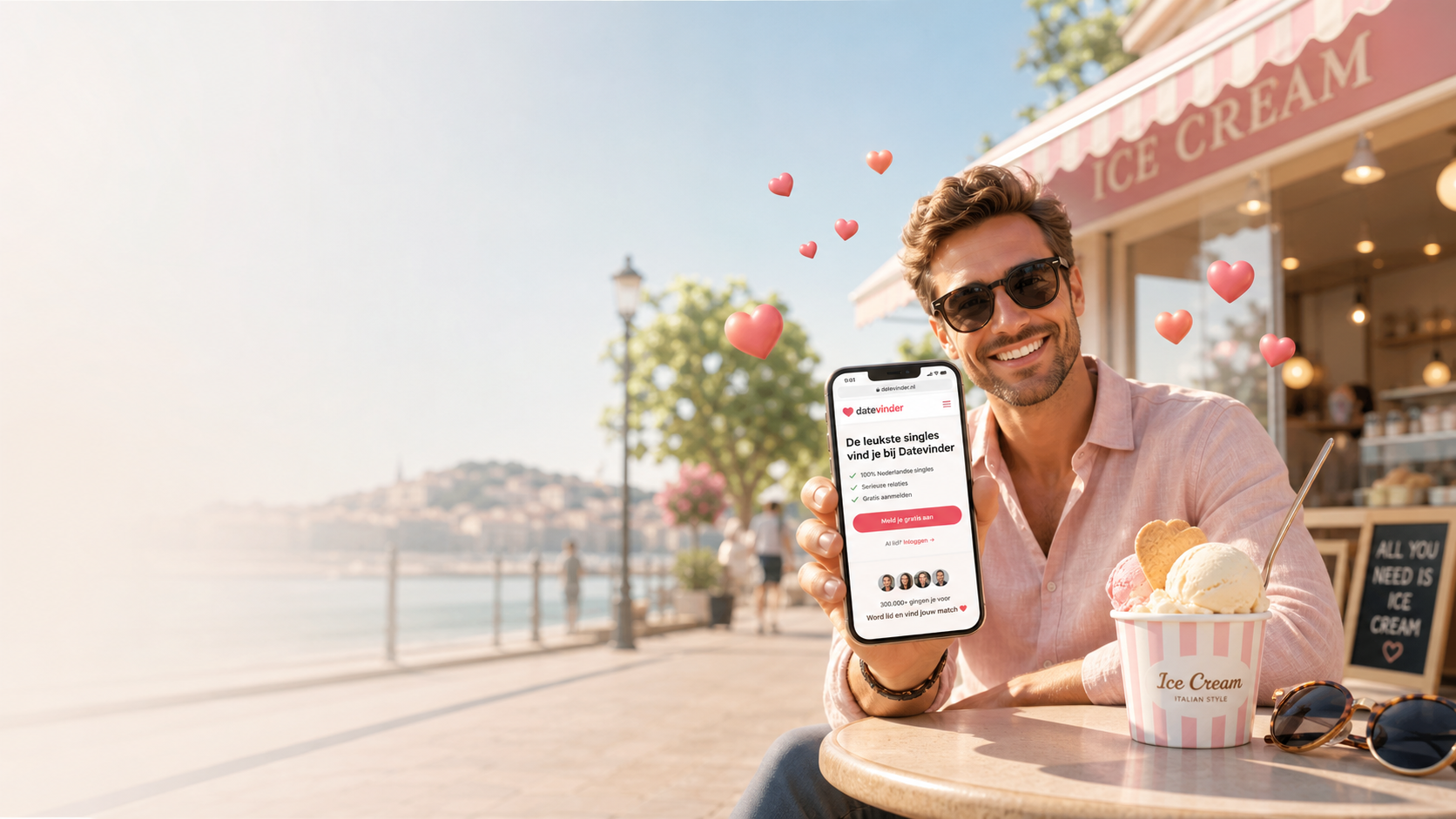 Smartphone met een dating-app profiel en vliegende hartjes op een zonnig terras naast een ijscafé en zonnebril, symboliserend daten in de zomer.