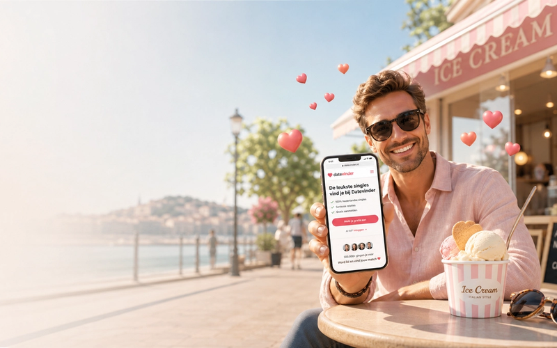 Smartphone met een dating-app profiel en vliegende hartjes op een zonnig terras naast een ijscafé en zonnebril, symboliserend daten in de zomer.