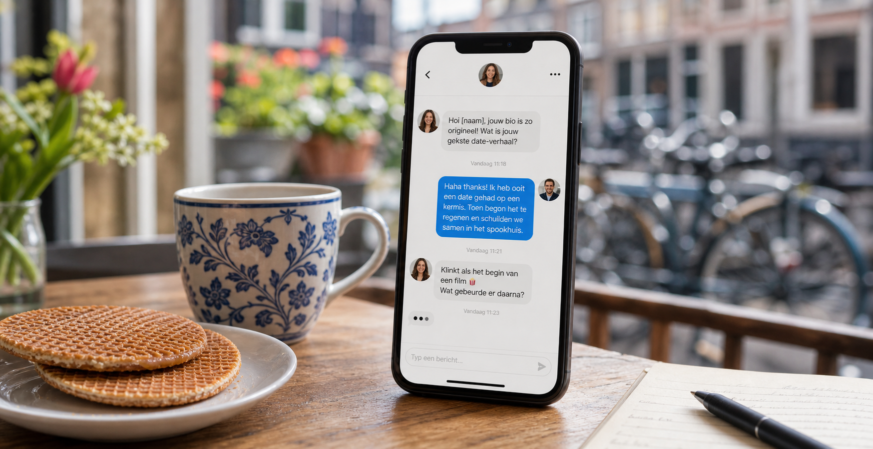  Smartphone met Nederlands dating chat gesprek op tafel met stroopwafels en Delfts blauw, passend bij een blog over gesprekken starten op datingsites.