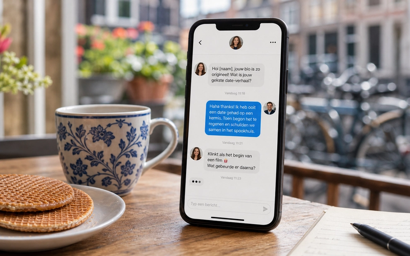 Smartphone met Nederlands dating chat gesprek op tafel met stroopwafels en Delfts blauw, passend bij een blog over gesprekken starten op datingsites.