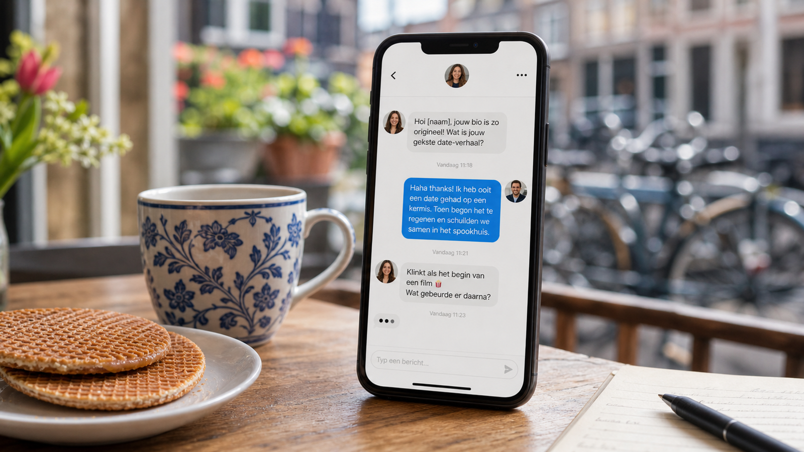 Smartphone met Nederlands dating chat gesprek op tafel met stroopwafels en Delfts blauw, passend bij een blog over gesprekken starten op datingsites.