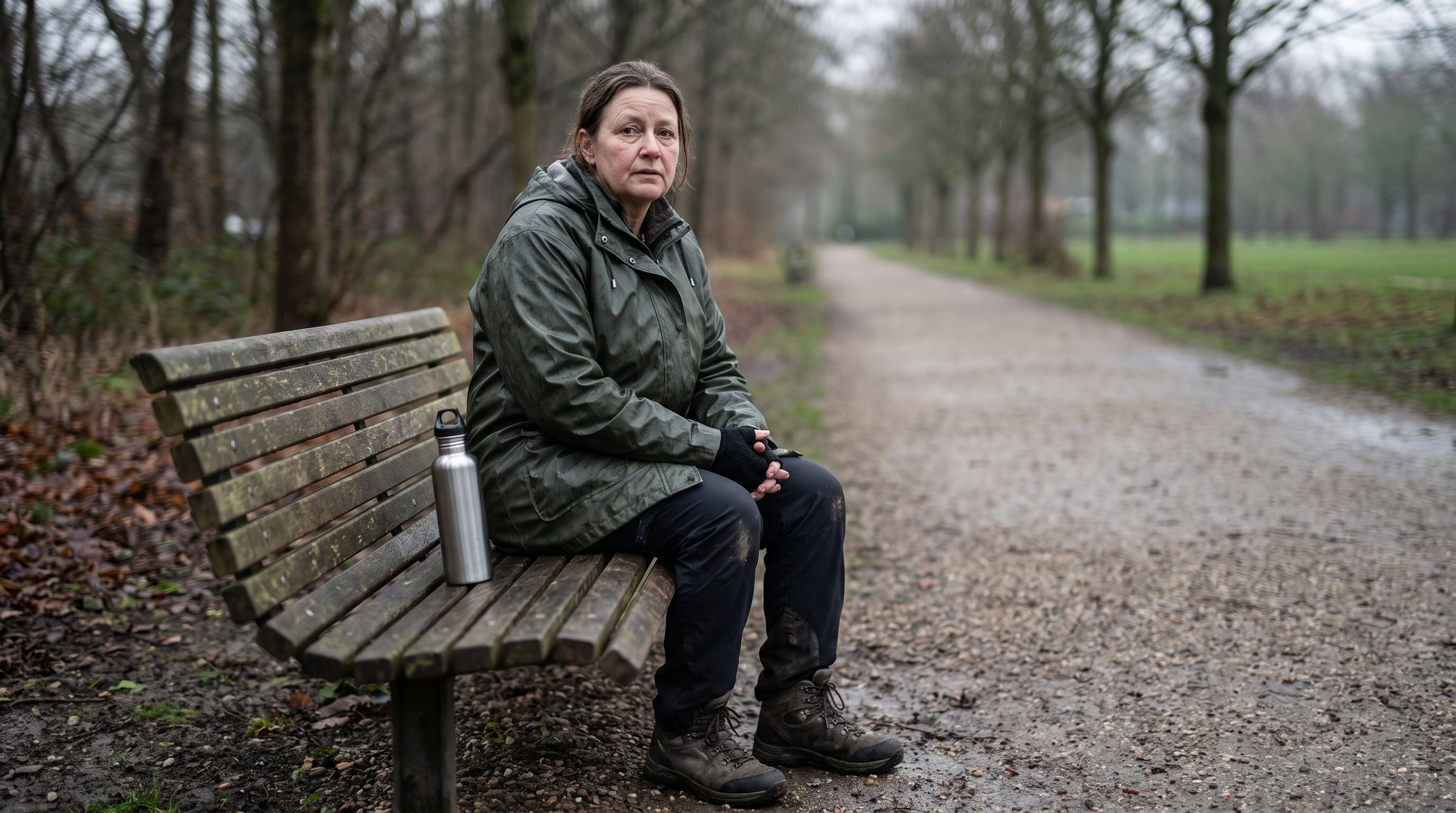 A woman sitting on a bench beside a park path, resting, with a water bottle next to her