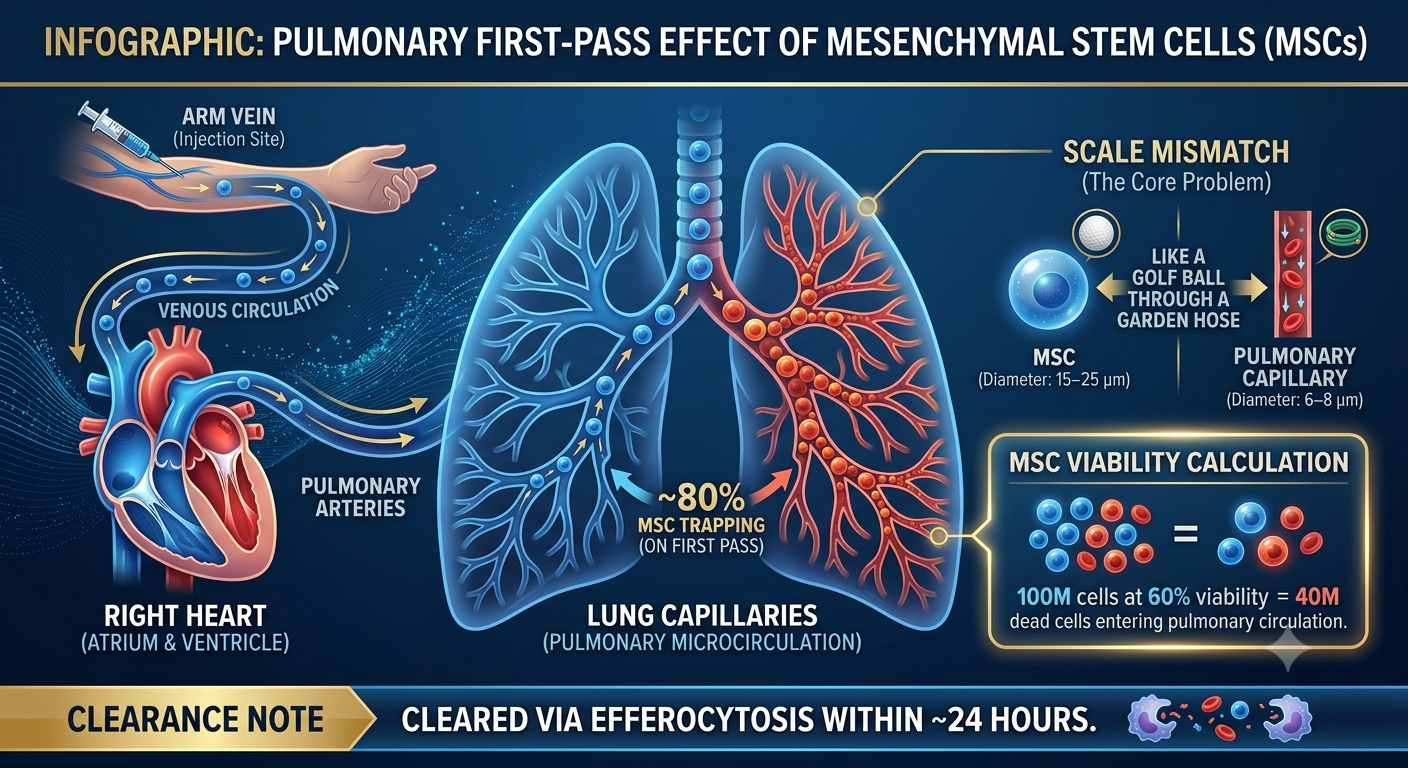 Diagram of the pulmonary first-pass effect showing IV stem cells trapped in lung capillaries