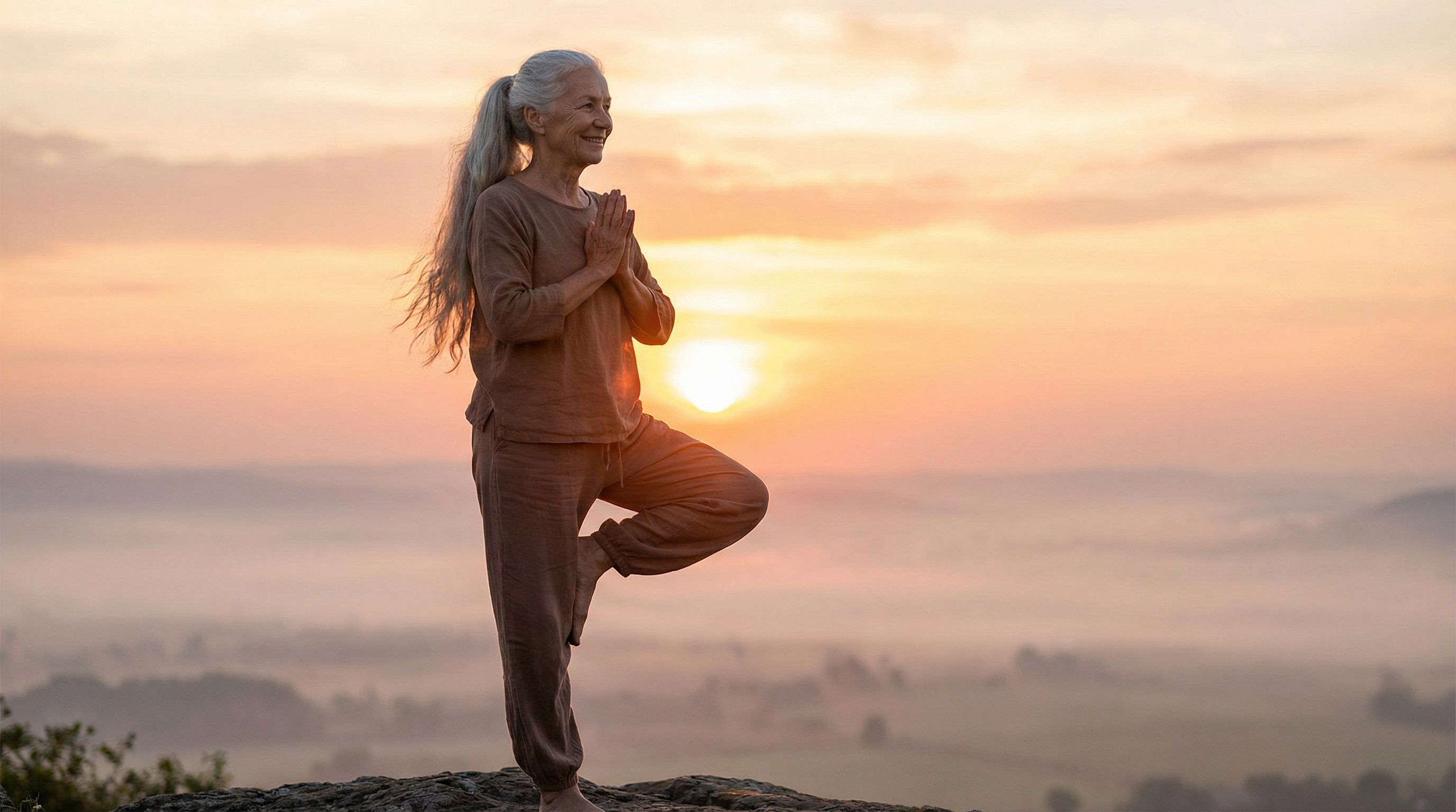 Vibrant person in their 60s-70s doing yoga at sunrise