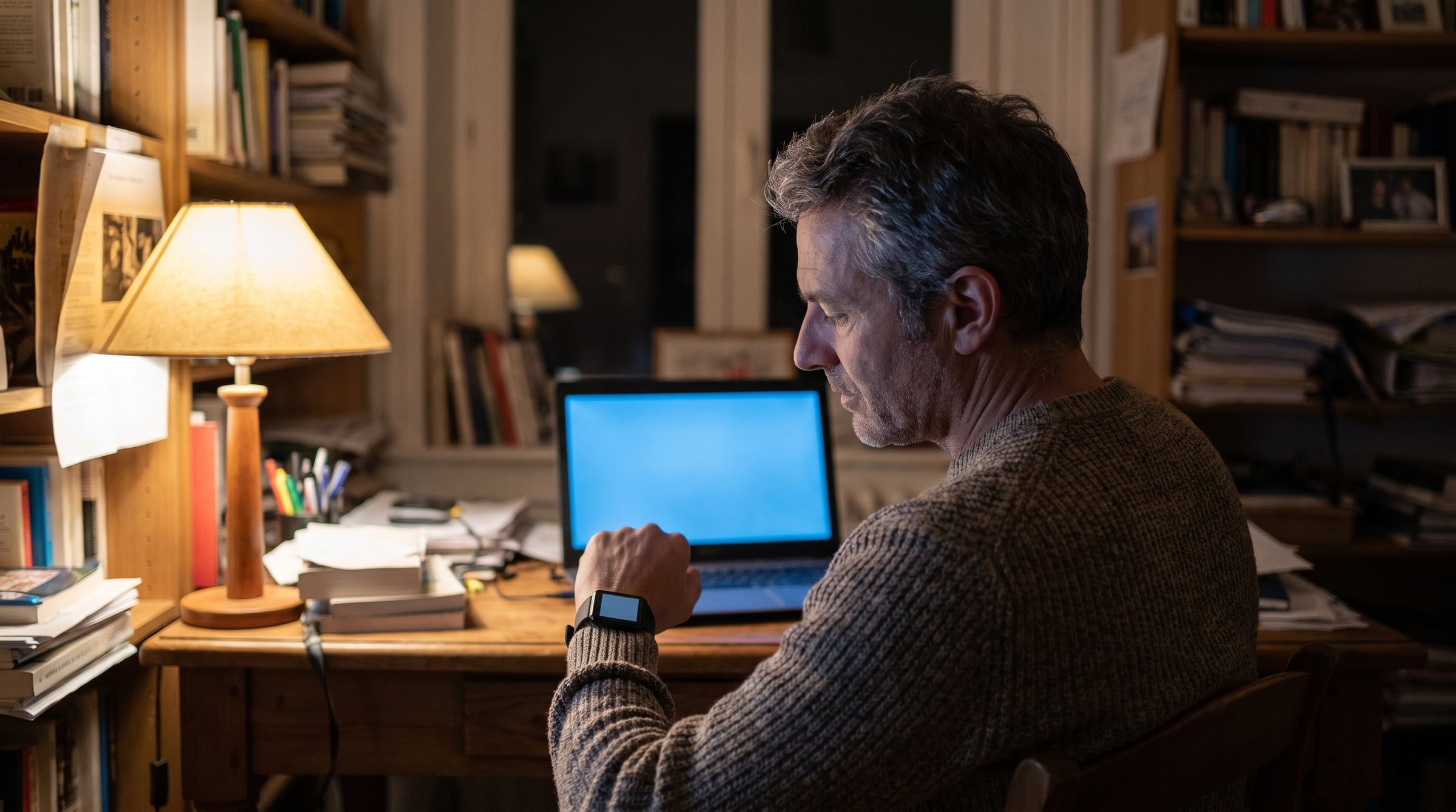 A man at a home desk in the evening looking at a smartwatch on his wrist