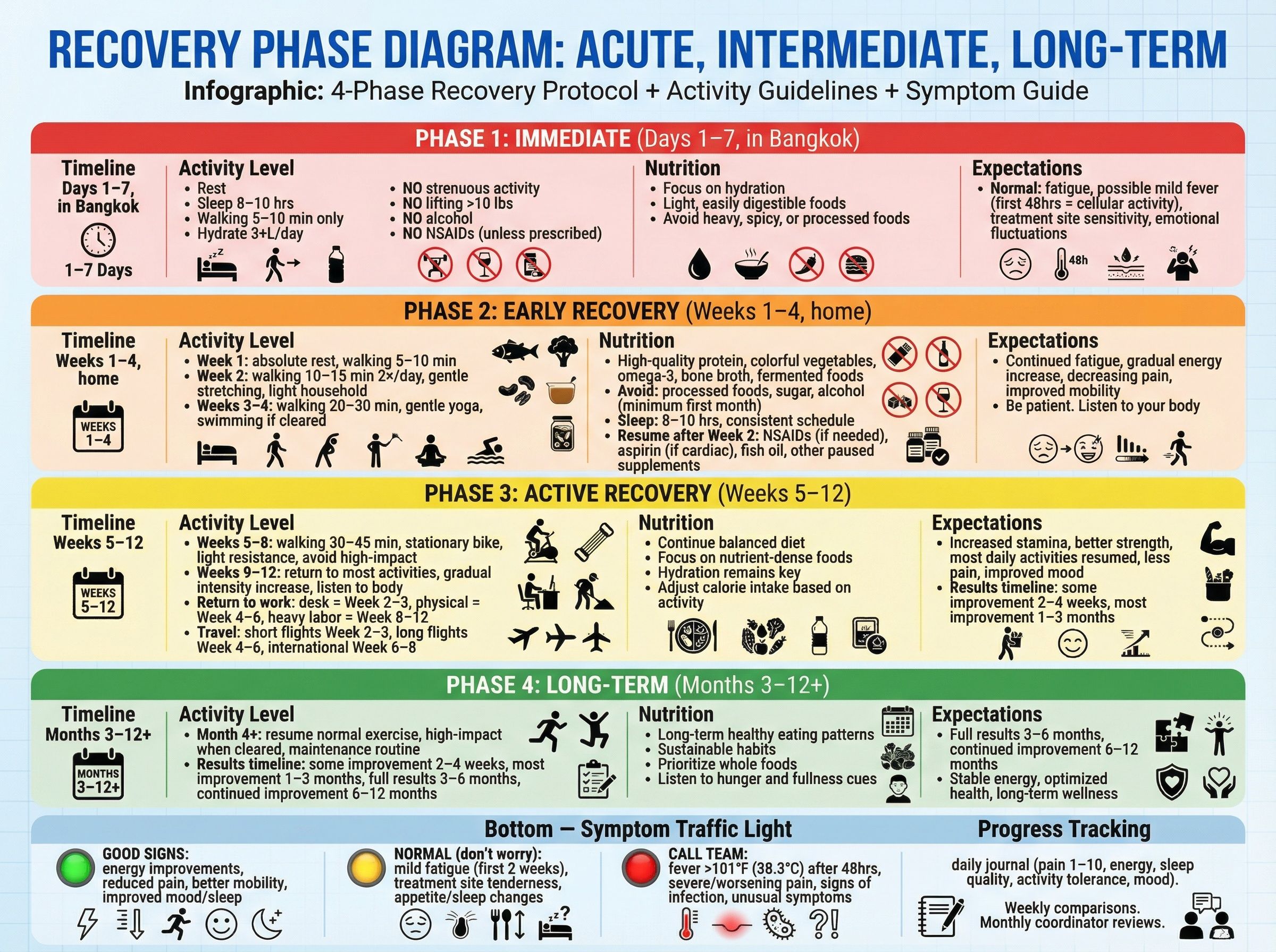 Recovery phases from initial response through long-term regeneration