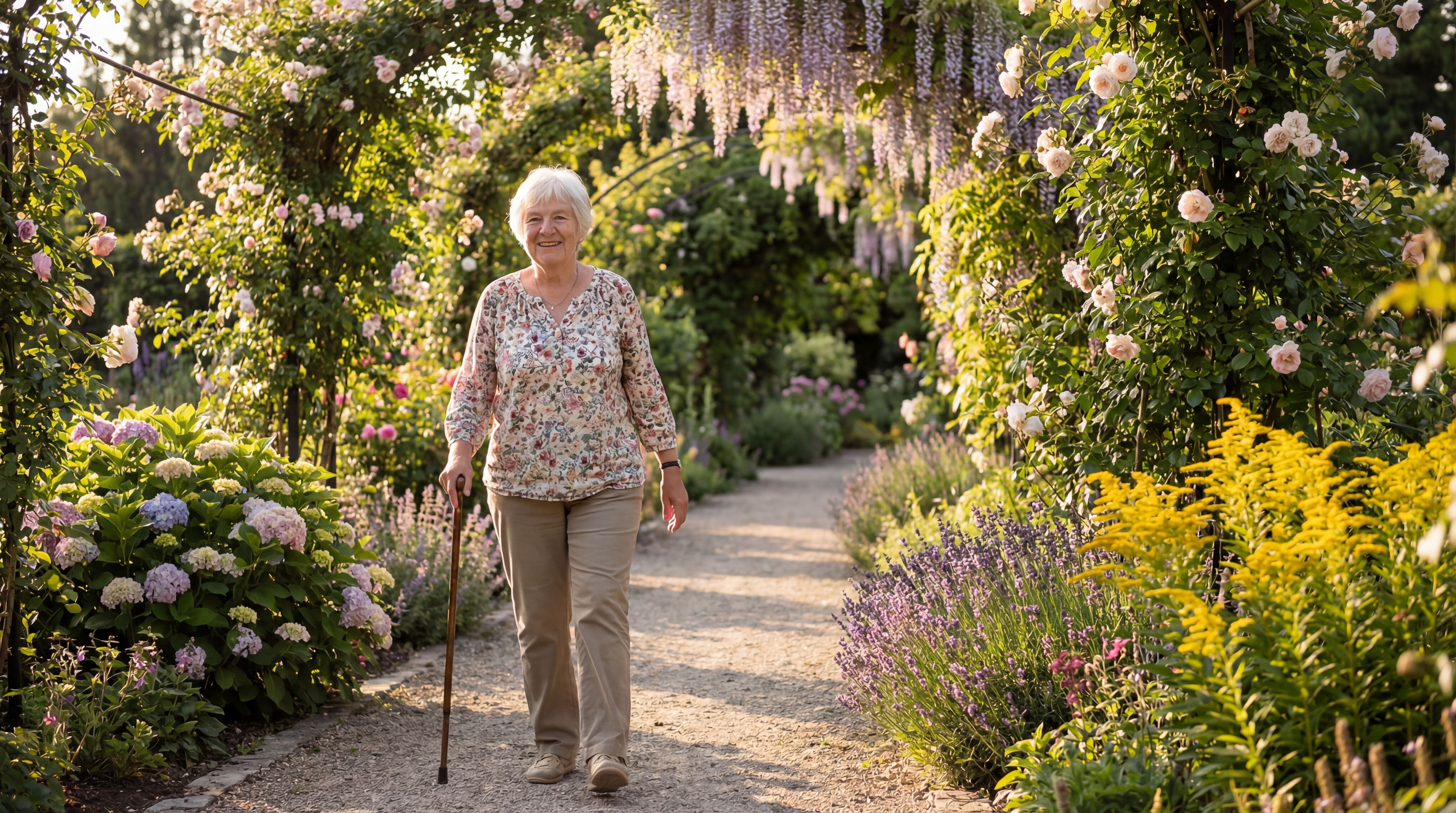 Stroke survivor walking independently in a garden, demonstrating motor recovery