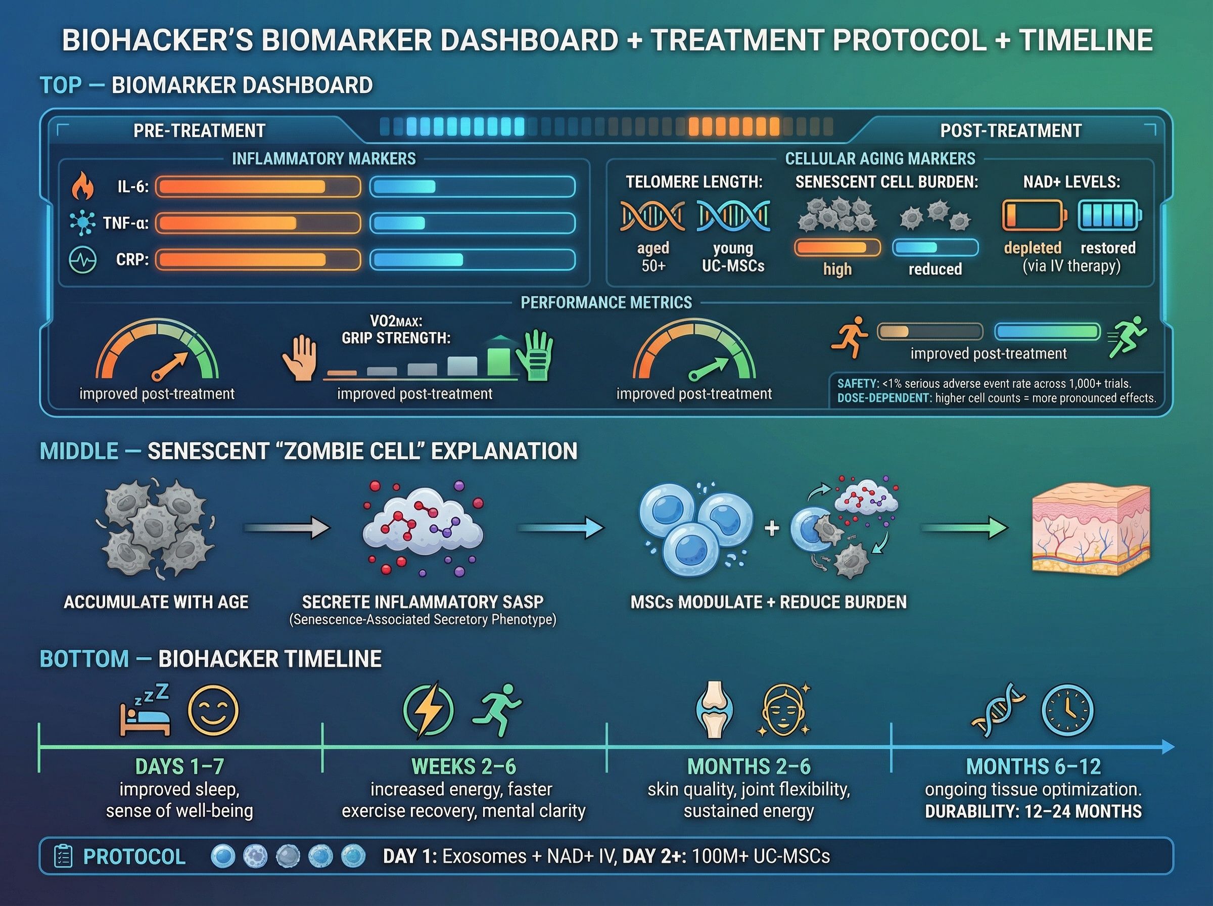 Dashboard showing key biomarkers before and after stem cell treatment