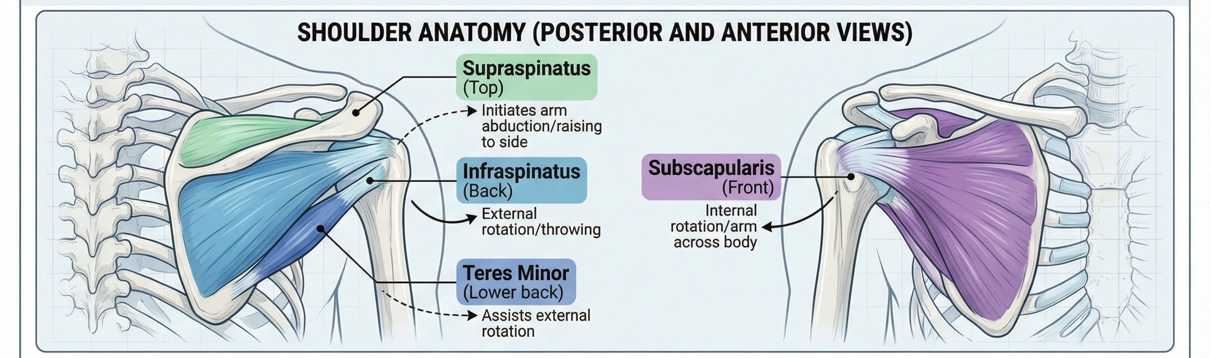 Anatomy diagram of the four rotator cuff muscles and their actions