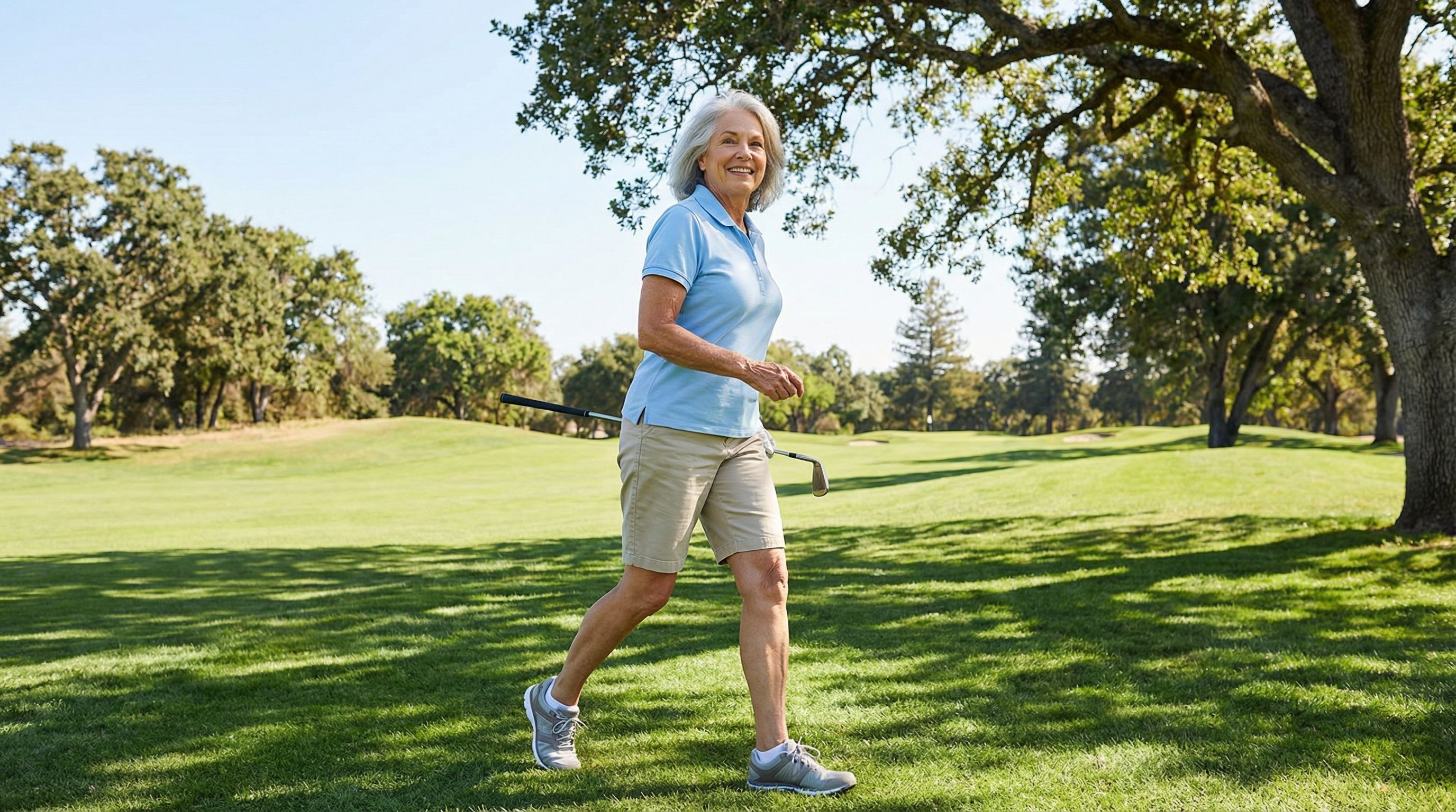 Active older adult walking confidently without knee pain