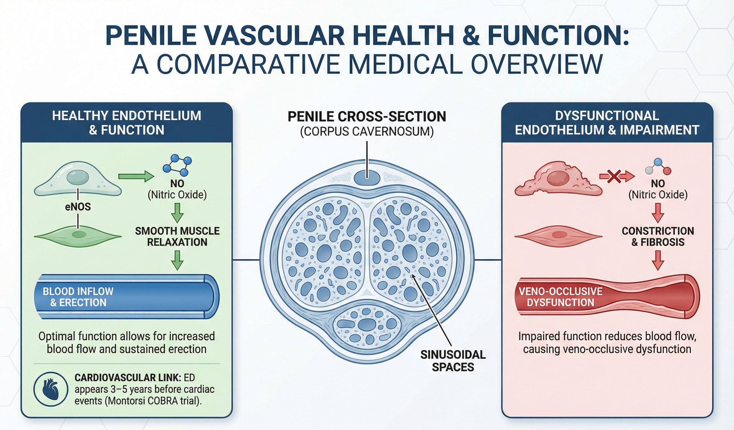 Diagram showing penile vascular anatomy with comparison of healthy vs. impaired endothelial function