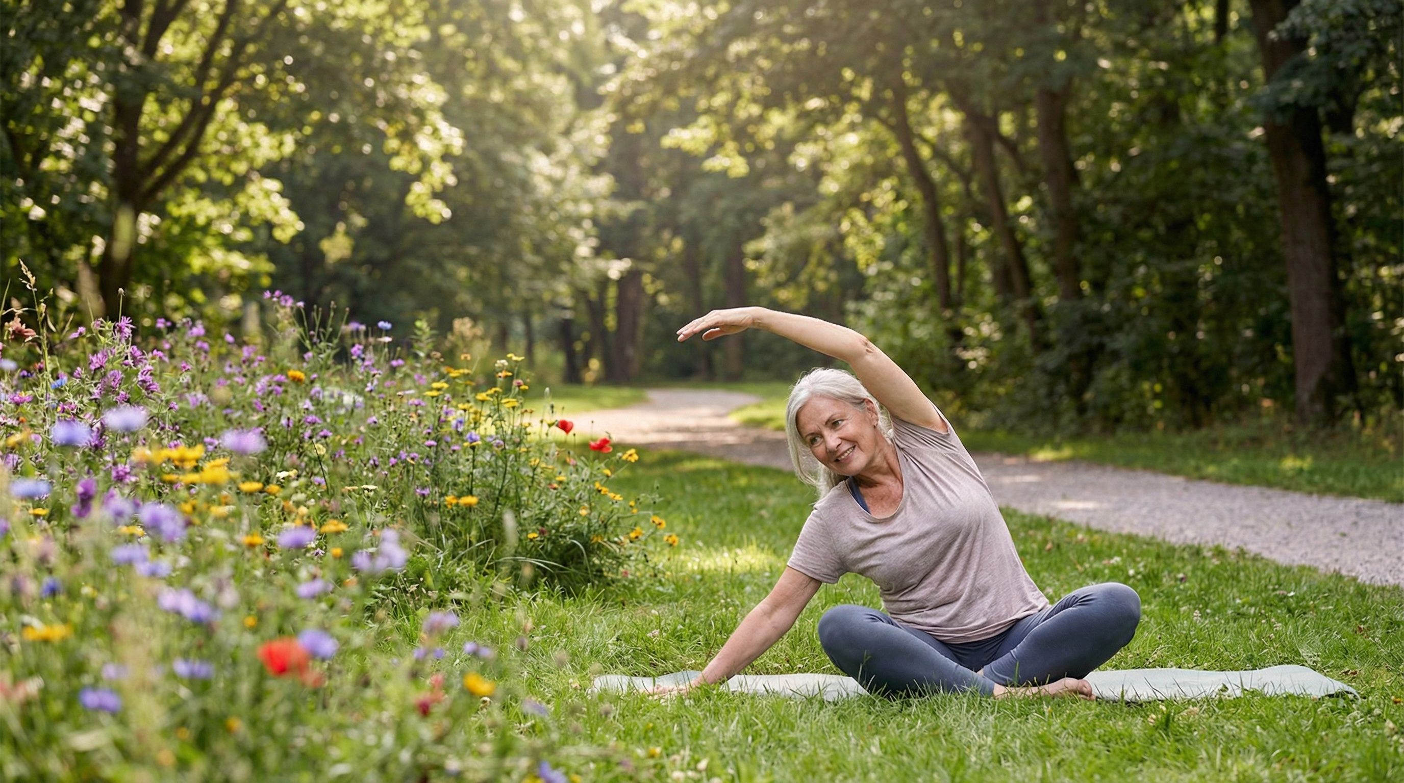 Person doing gentle exercise in a serene outdoor setting